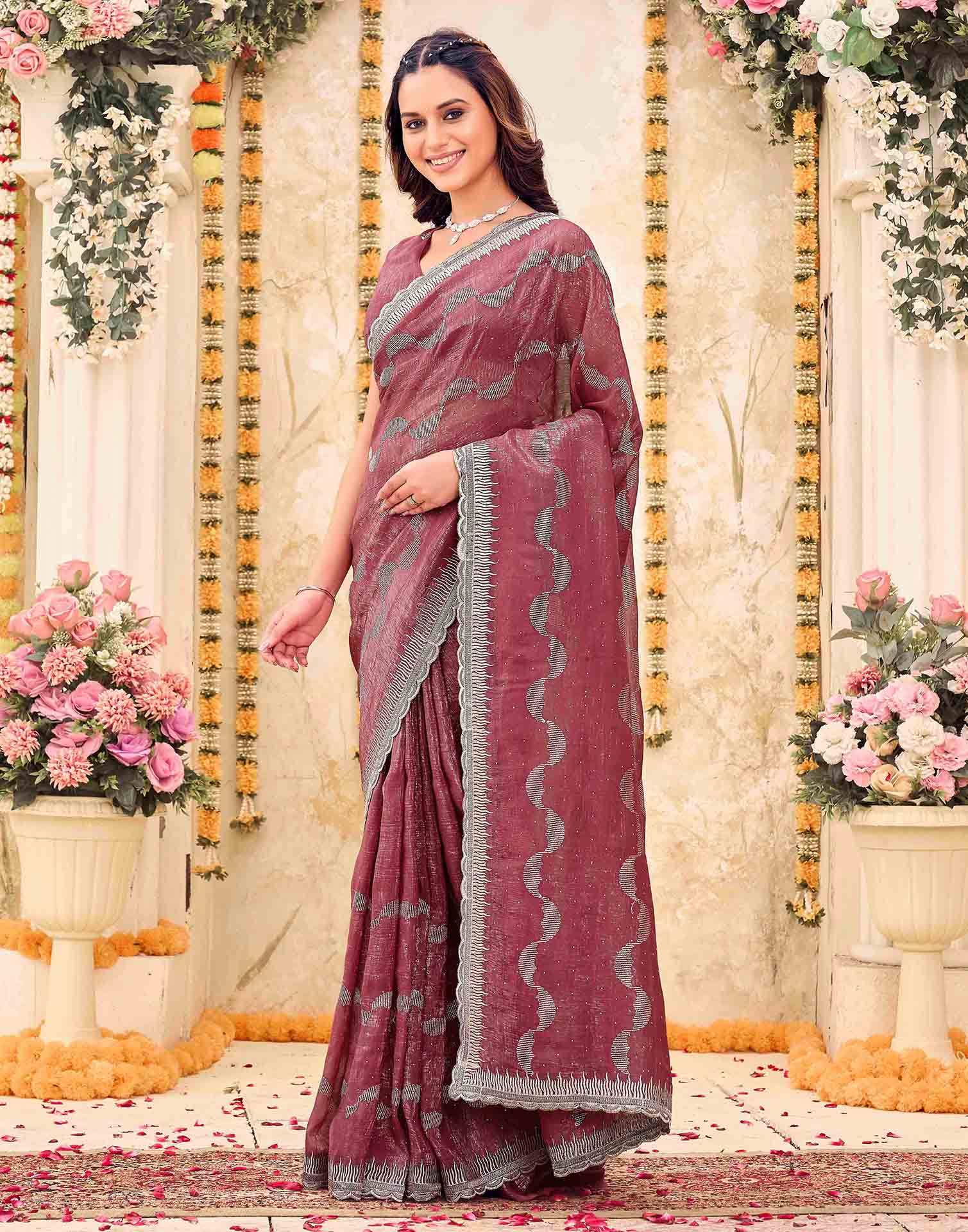 Dusty Rose Pink Shimmer Embroidery Embellished Saree - Image 4