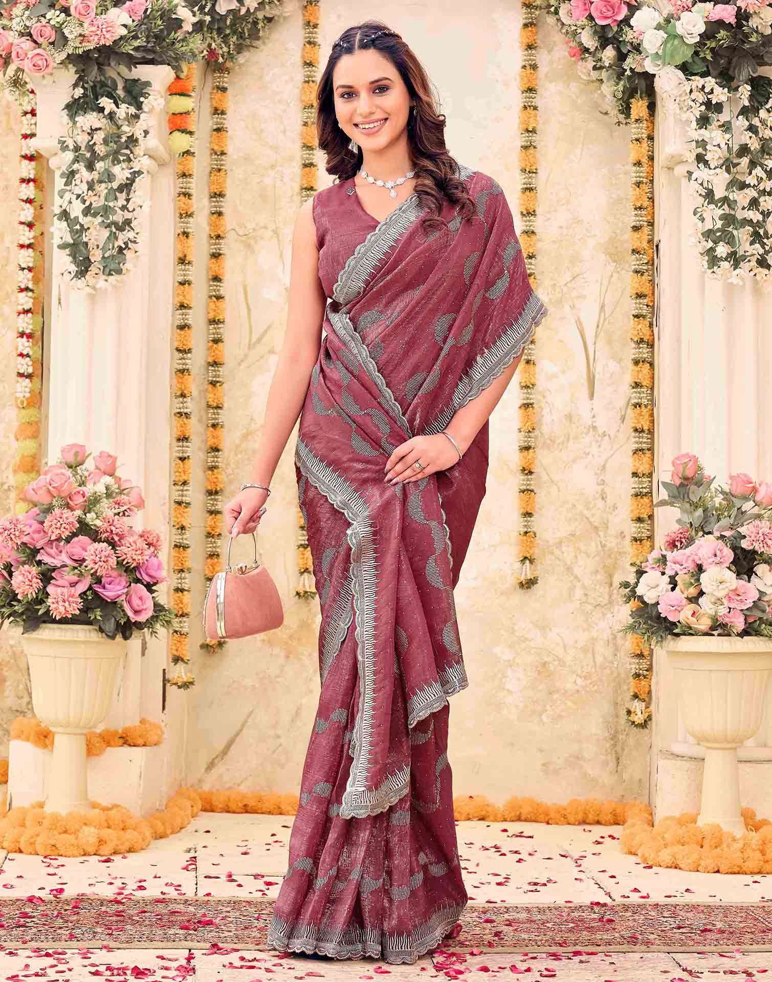 Dusty Rose Pink Shimmer Embroidery Embellished Saree - Image 5