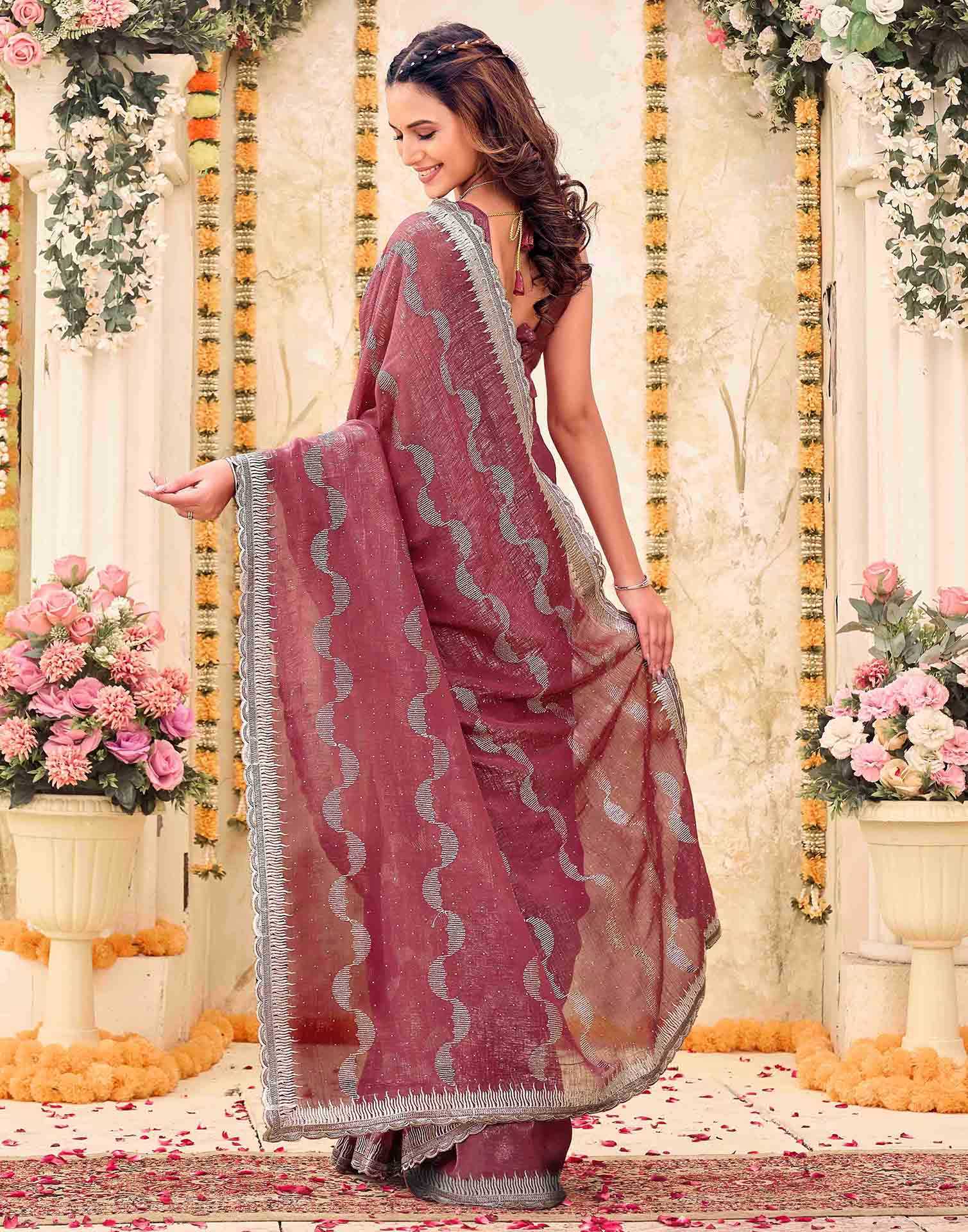Dusty Rose Pink Shimmer Embroidery Embellished Saree - Image 6