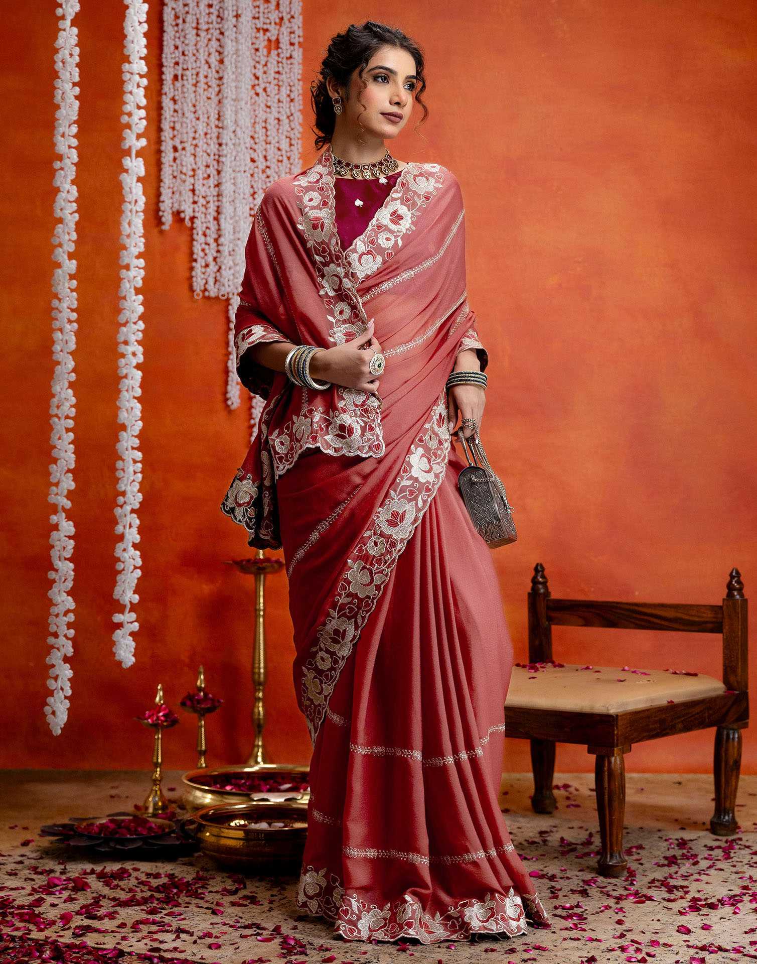 Dusty Rose Pink Shimmer Embroidery Saree - Image 6