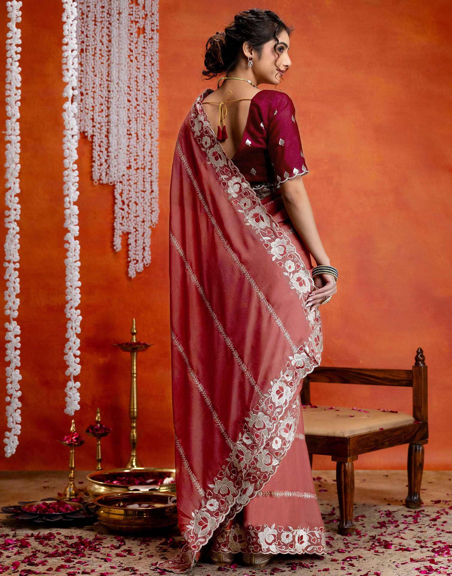 Dusty Rose Pink Shimmer Embroidery Saree - Image 7