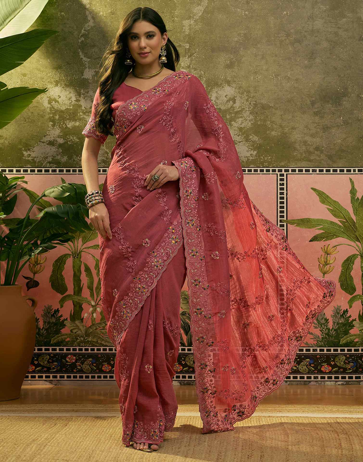 Dusty Rose Pink Shimmer Embroidery Saree - Image 2