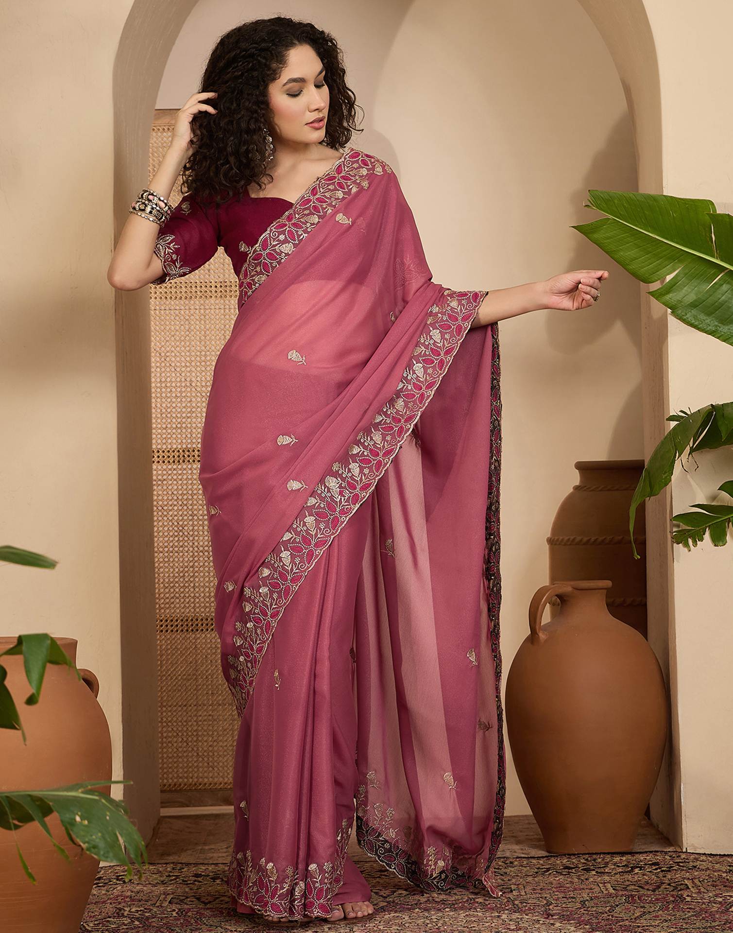 Dusty Rose Pink Shimmer Sequence Embroidery Saree