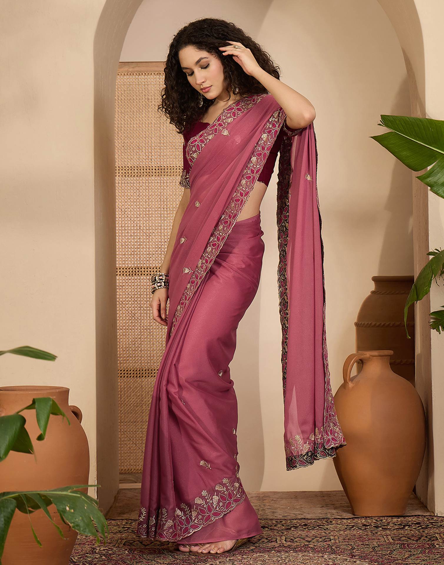 Dusty Rose Pink Shimmer Sequence Embroidery Saree - Image 4