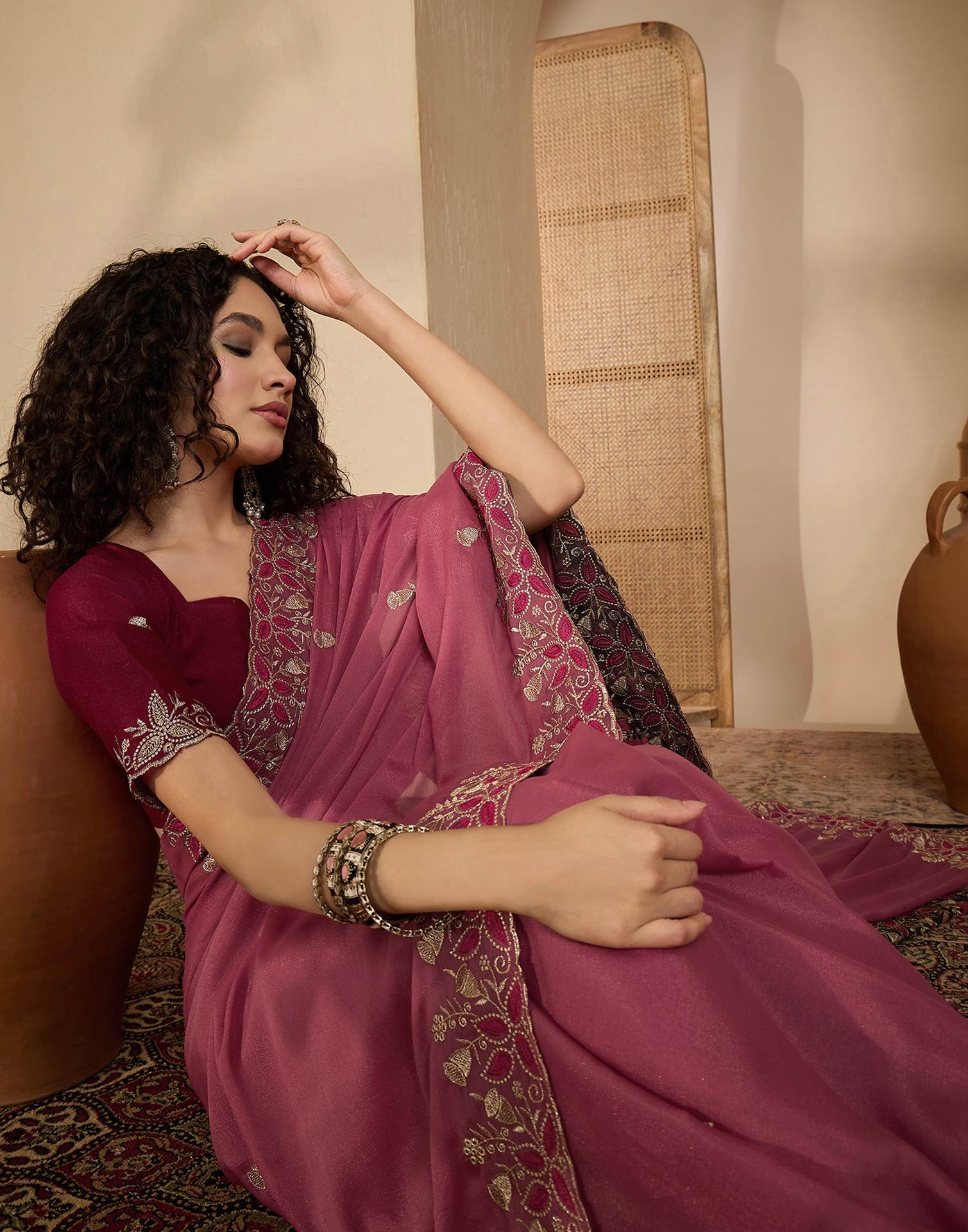 Dusty Rose Pink Shimmer Sequence Embroidery Saree - Image 7
