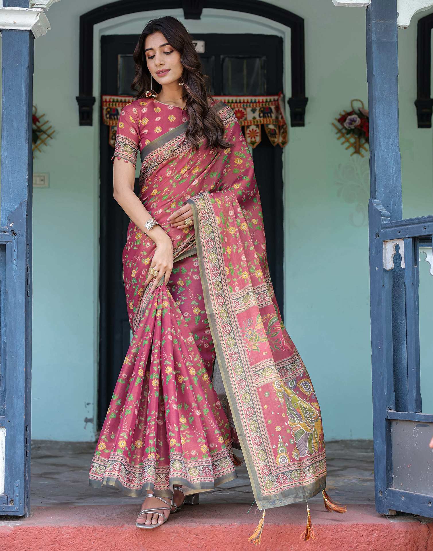 Dusty Rose Pink Shimmer Silk Printed Saree - Image 10