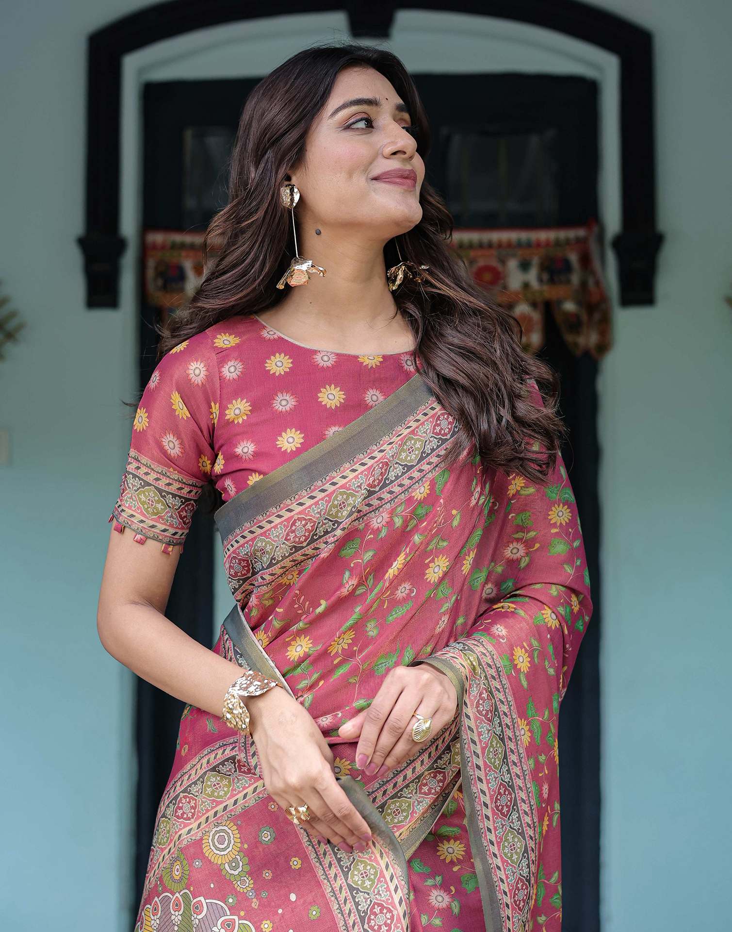 Dusty Rose Pink Shimmer Silk Printed Saree - Image 4