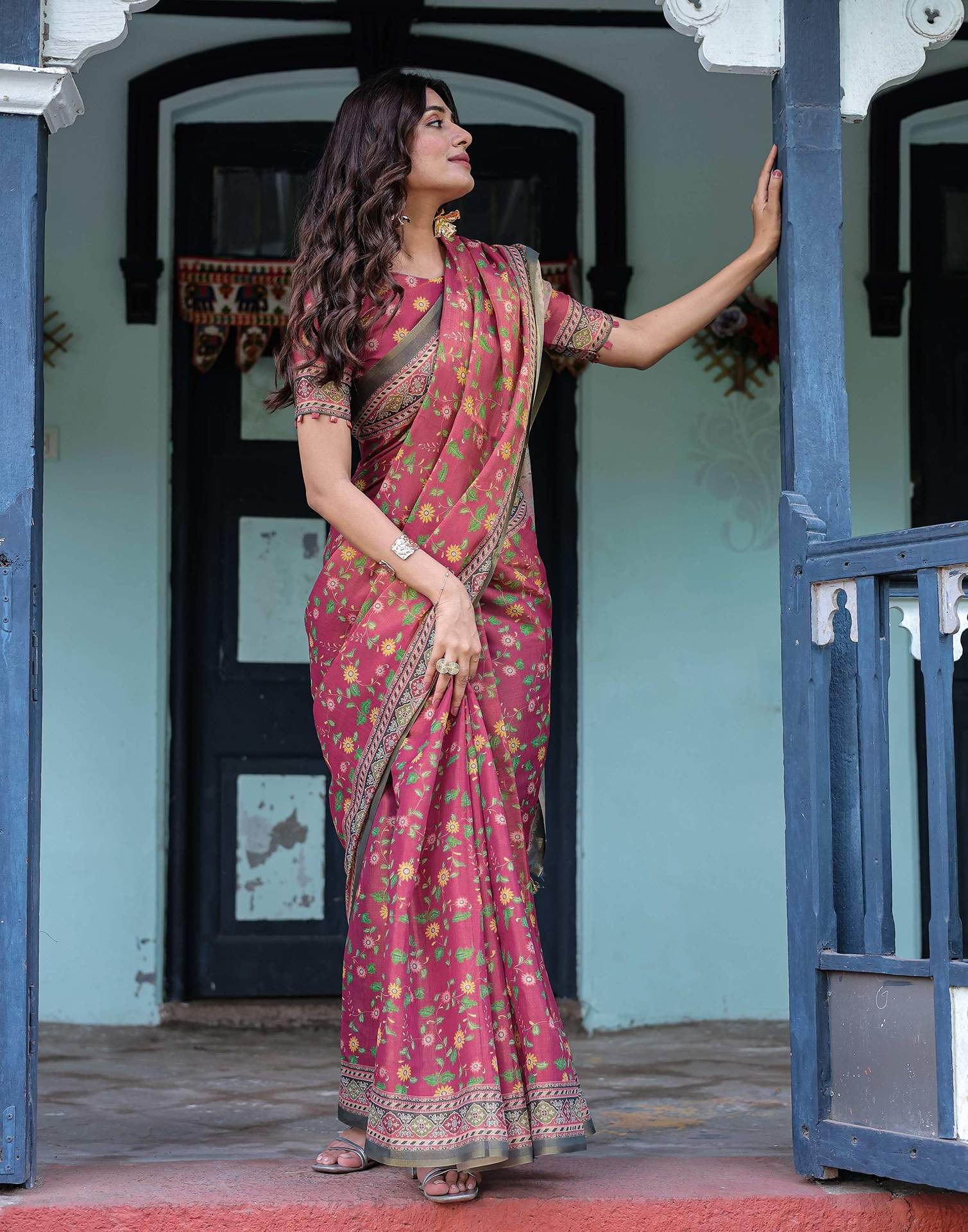 Dusty Rose Pink Shimmer Silk Printed Saree - Image 6