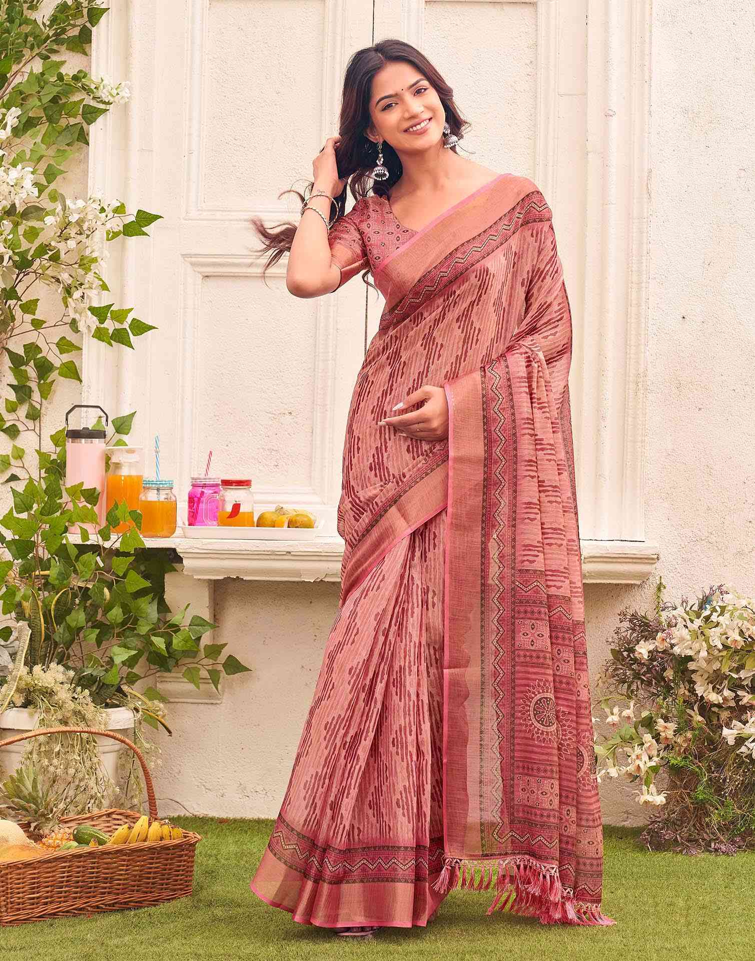 Dusty Rose Pink Shimmer Silk Printed Saree - Image 2