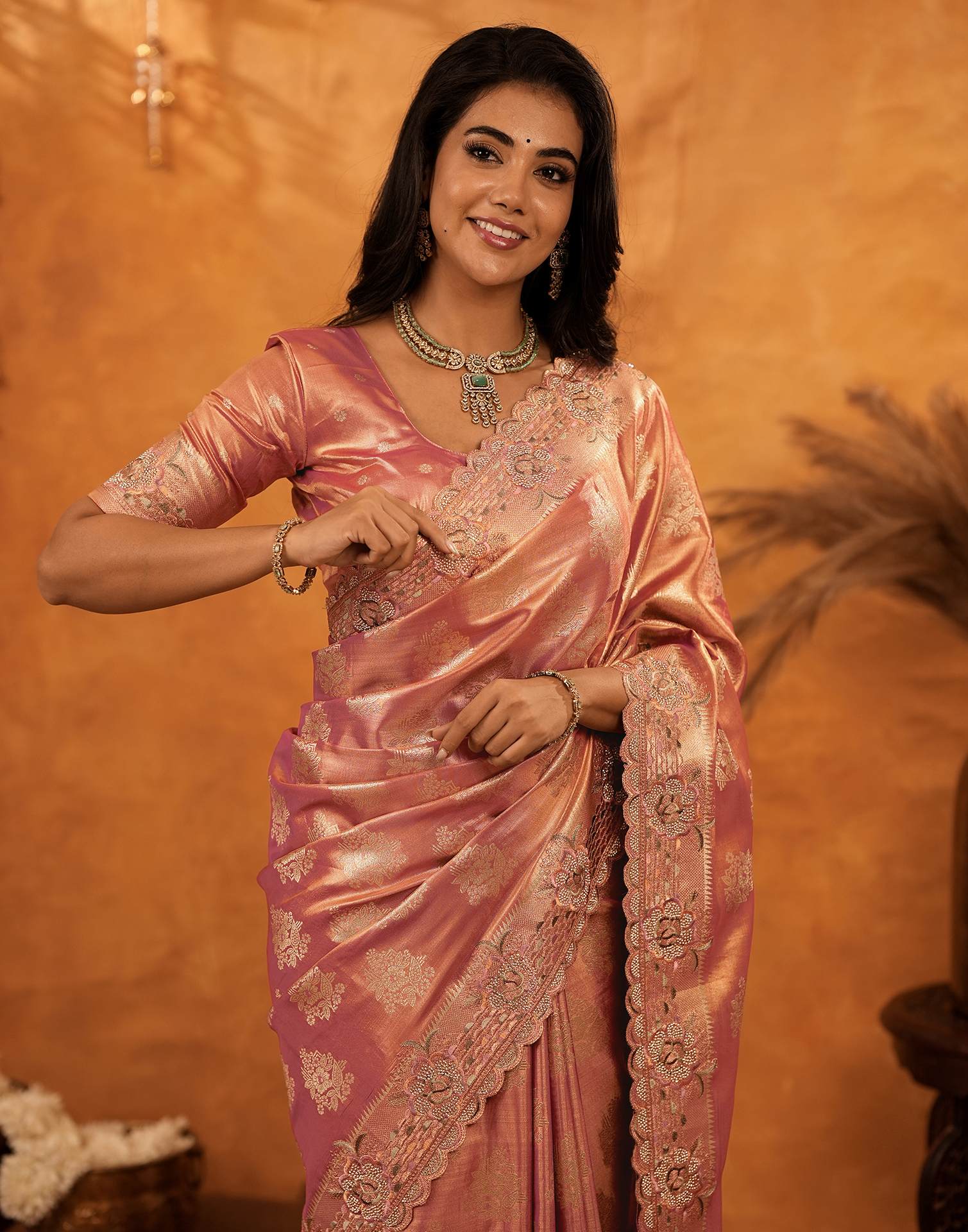 Dusty Rose Pink Silk Woven Embroidery Stone Work Banarasi Saree - Image 10