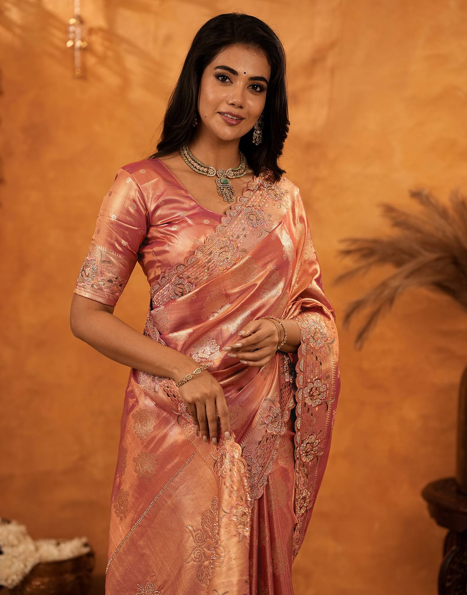 Dusty Rose Pink Silk Woven Embroidery Stone Work Banarasi Saree - Image 11