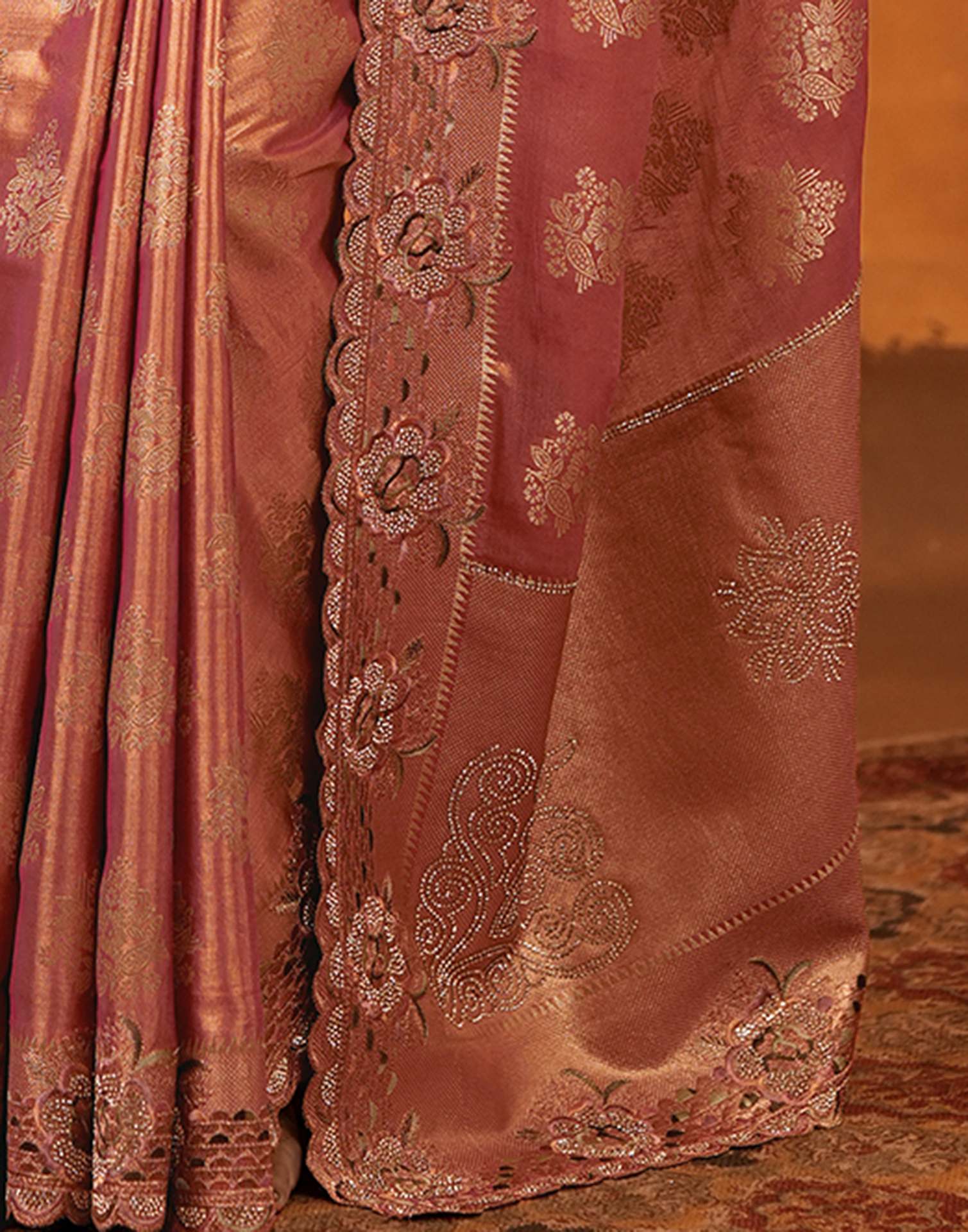 Dusty Rose Pink Silk Woven Embroidery Stone Work Banarasi Saree - Image 12