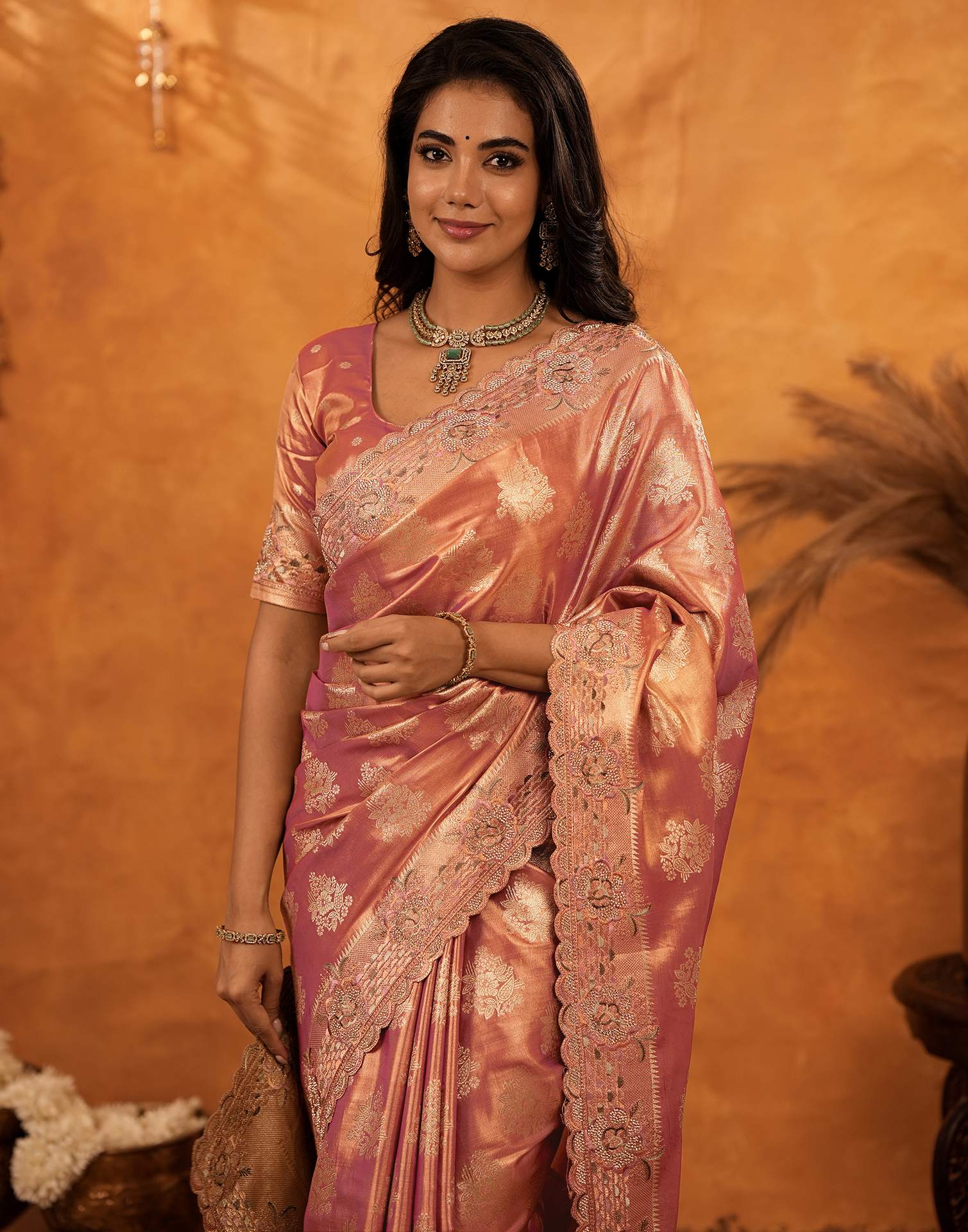 Dusty Rose Pink Silk Woven Embroidery Stone Work Banarasi Saree - Image 4