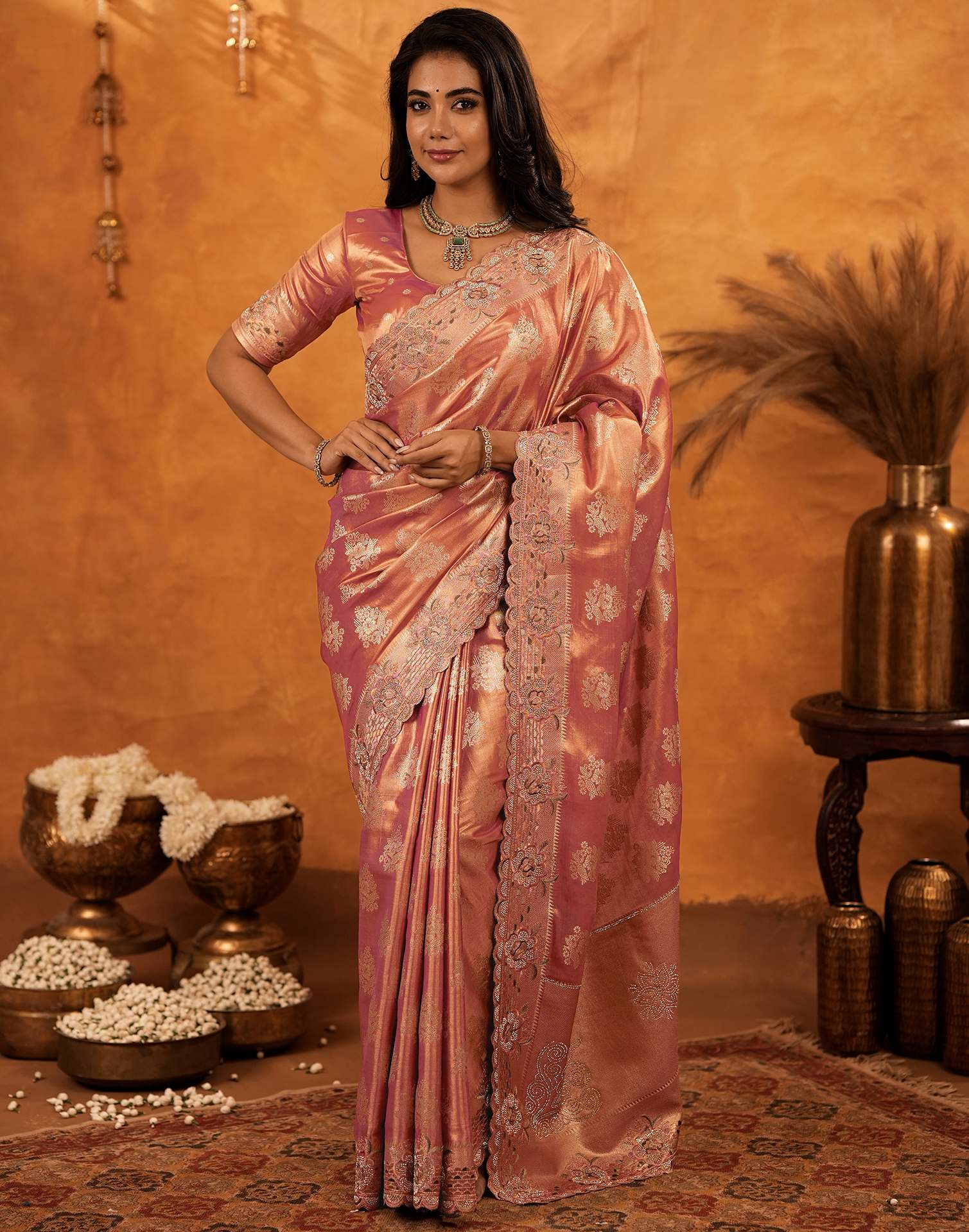 Dusty Rose Pink Silk Woven Embroidery Stone Work Banarasi Saree - Image 6