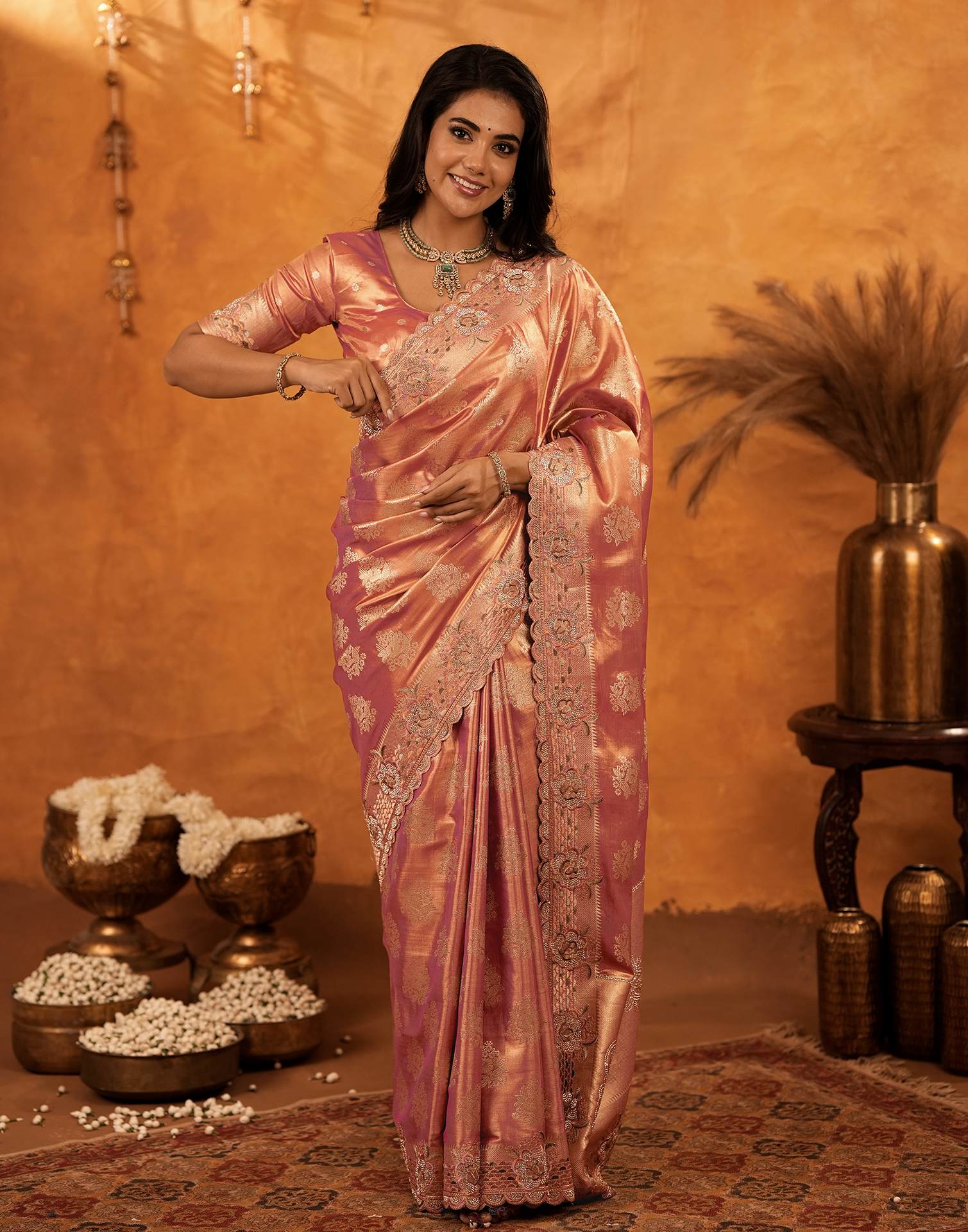 Dusty Rose Pink Silk Woven Embroidery Stone Work Banarasi Saree - Image 9