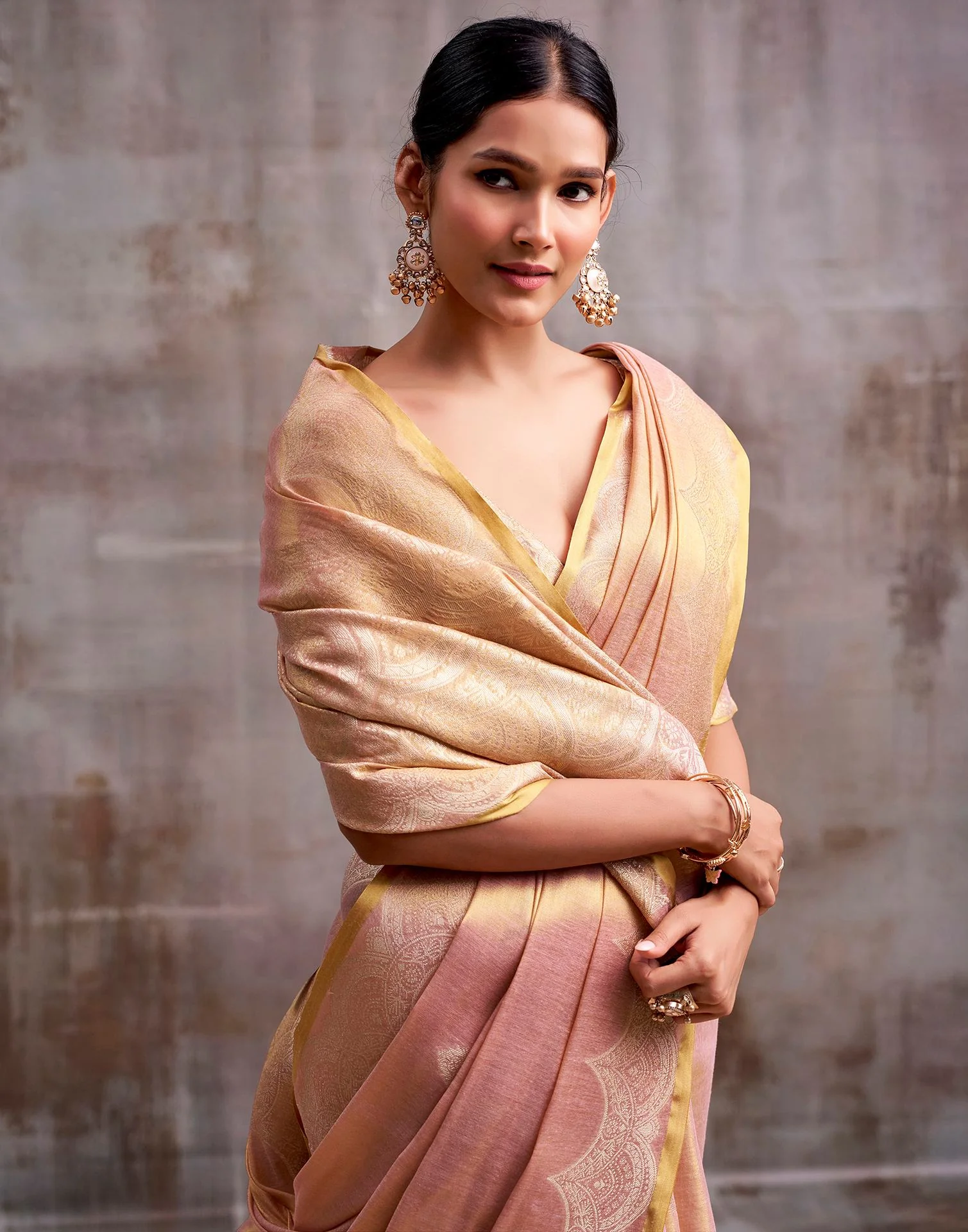 Dusty Rose Pink Tissue Silk Woven Banarasi Saree - Image 2