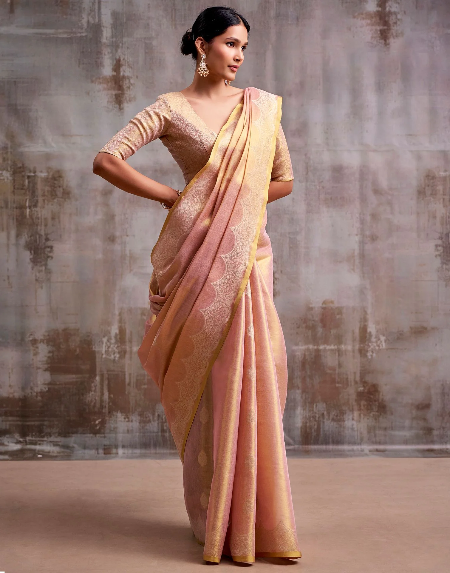 Dusty Rose Pink Tissue Silk Woven Banarasi Saree - Image 5