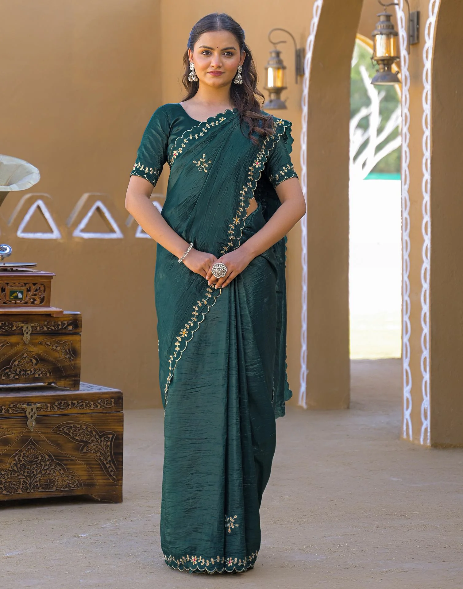 Dusty Teal Blue Crush Tissue Embroidery Saree