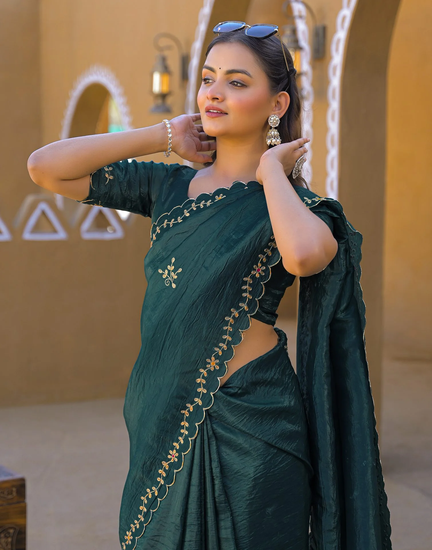 Dusty Teal Blue Crush Tissue Embroidery Saree - Image 2