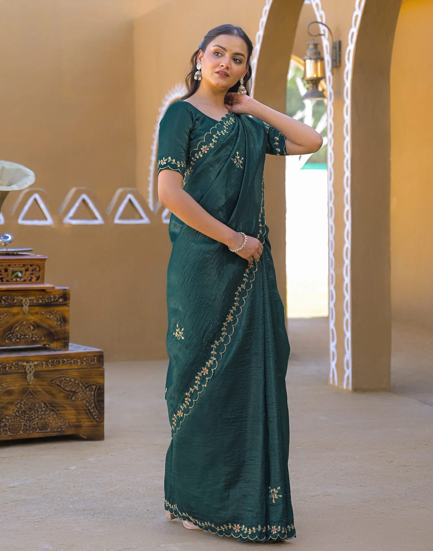 Dusty Teal Blue Crush Tissue Embroidery Saree - Image 4