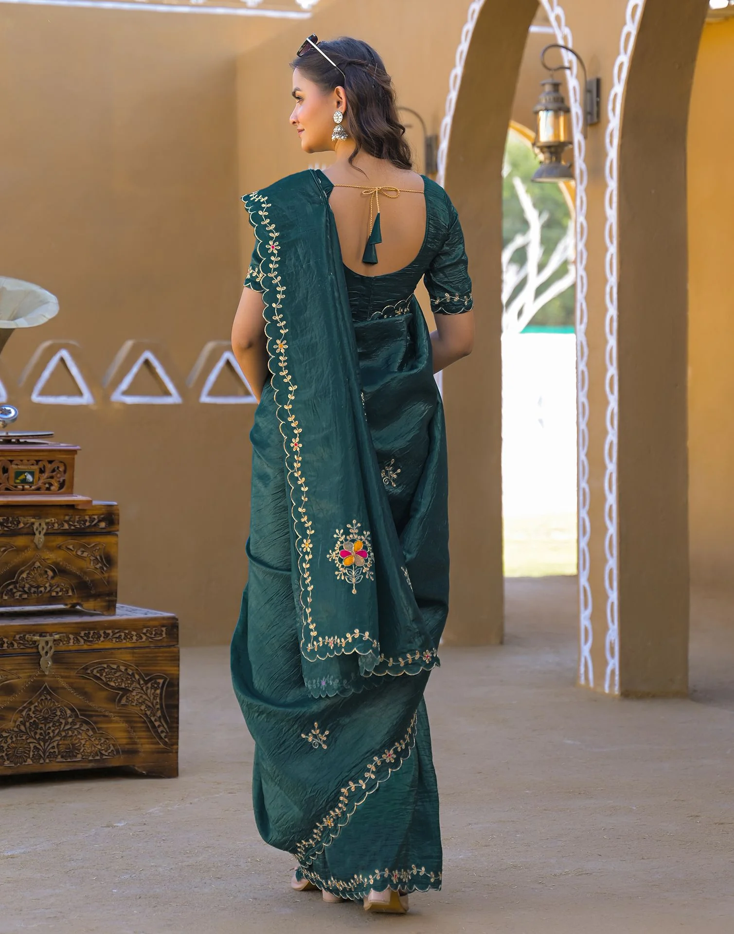 Dusty Teal Blue Crush Tissue Embroidery Saree - Image 6