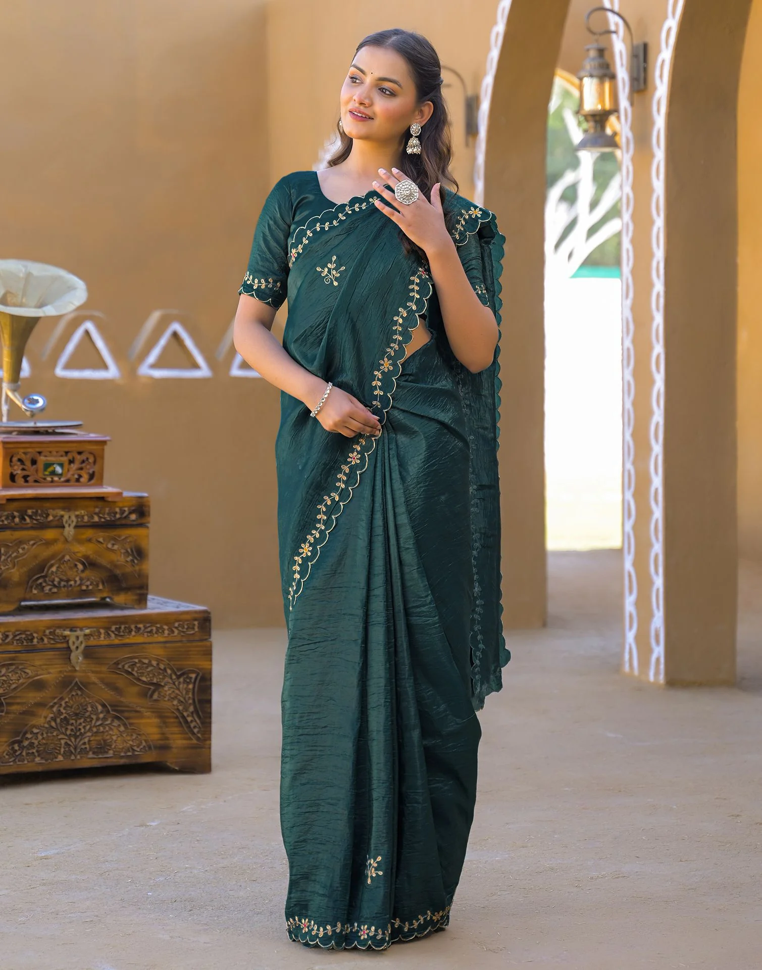 Dusty Teal Blue Crush Tissue Embroidery Saree - Image 7