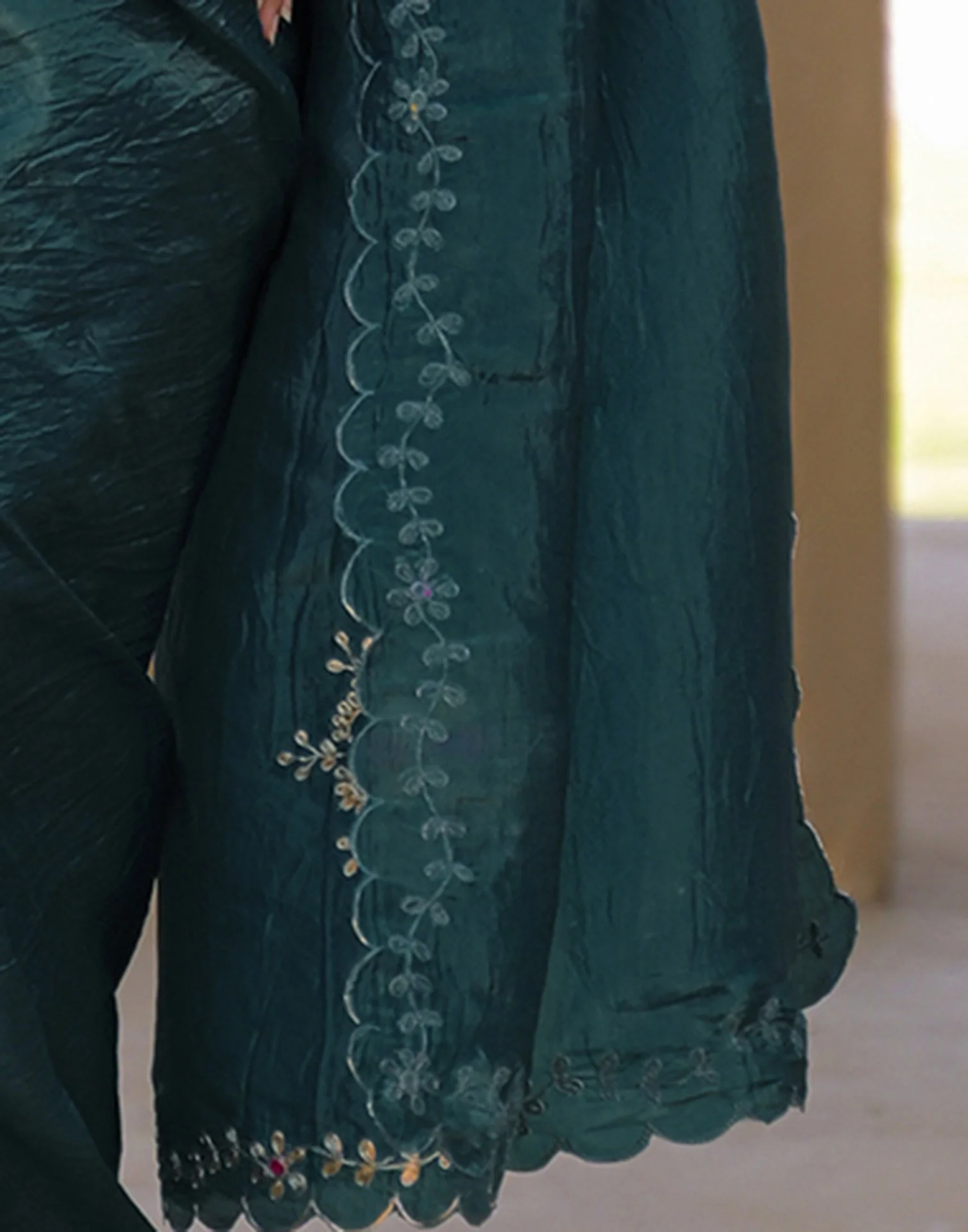Dusty Teal Blue Crush Tissue Embroidery Saree - Image 9