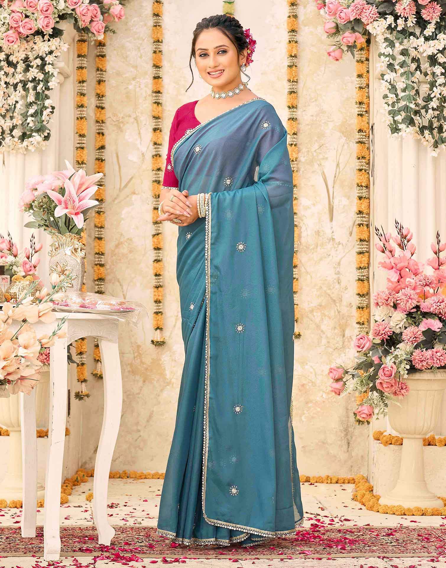 Dusty Teal Blue Georgette Embroidery Saree - Image 4