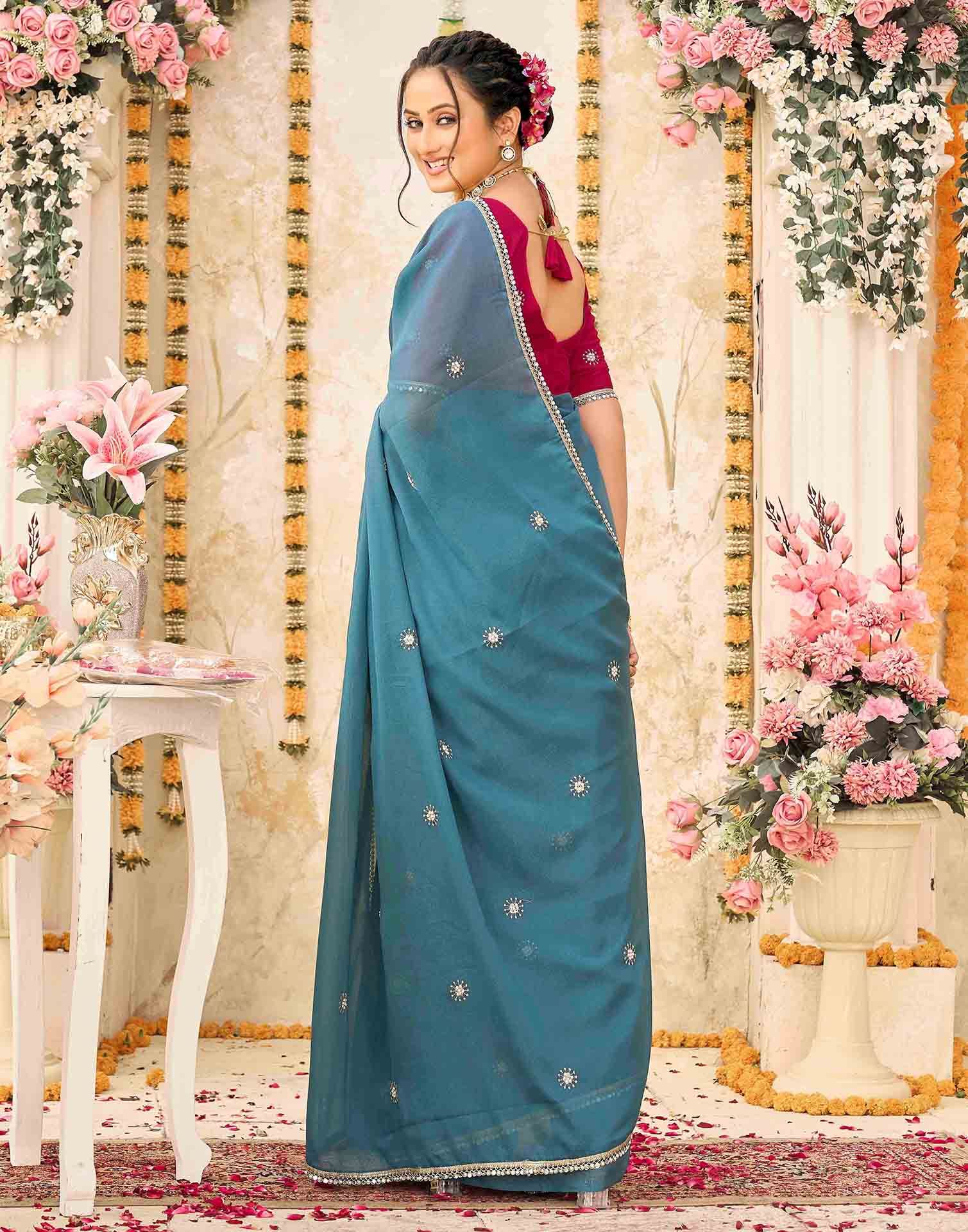 Dusty Teal Blue Georgette Embroidery Saree - Image 6