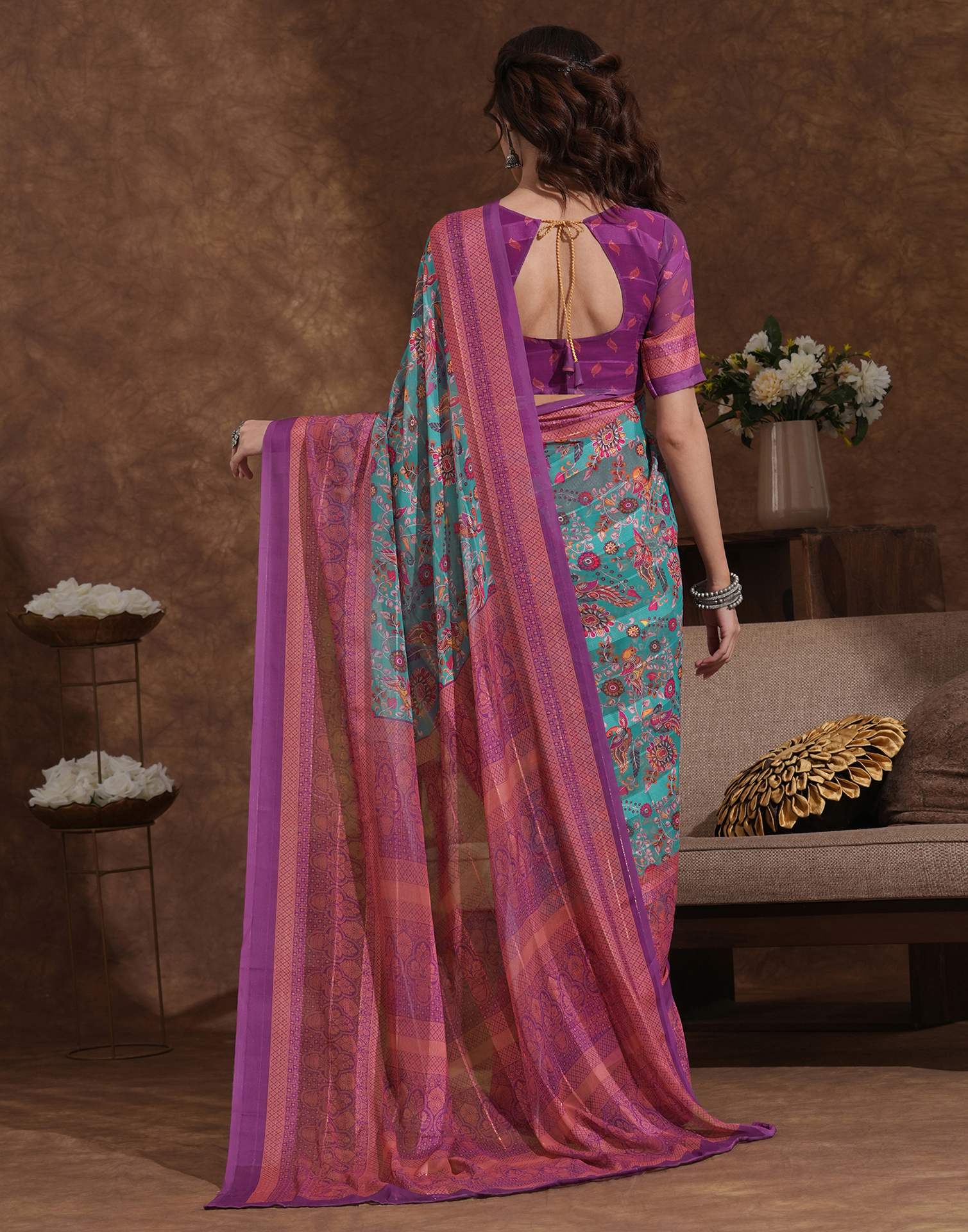 Dusty Teal Blue Georgette Woven Printed Saree - Image 6