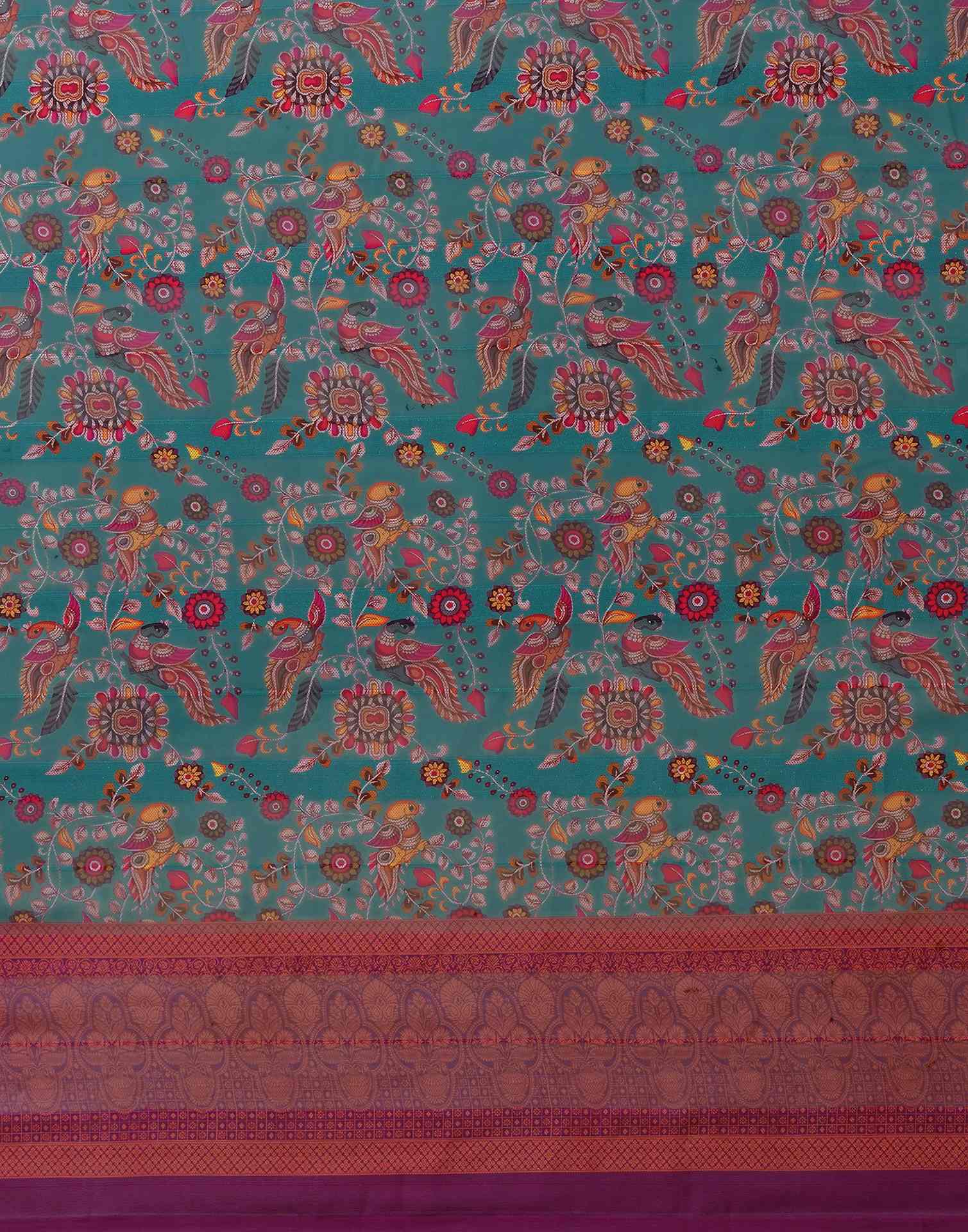 Dusty Teal Blue Georgette Woven Printed Saree - Image 8