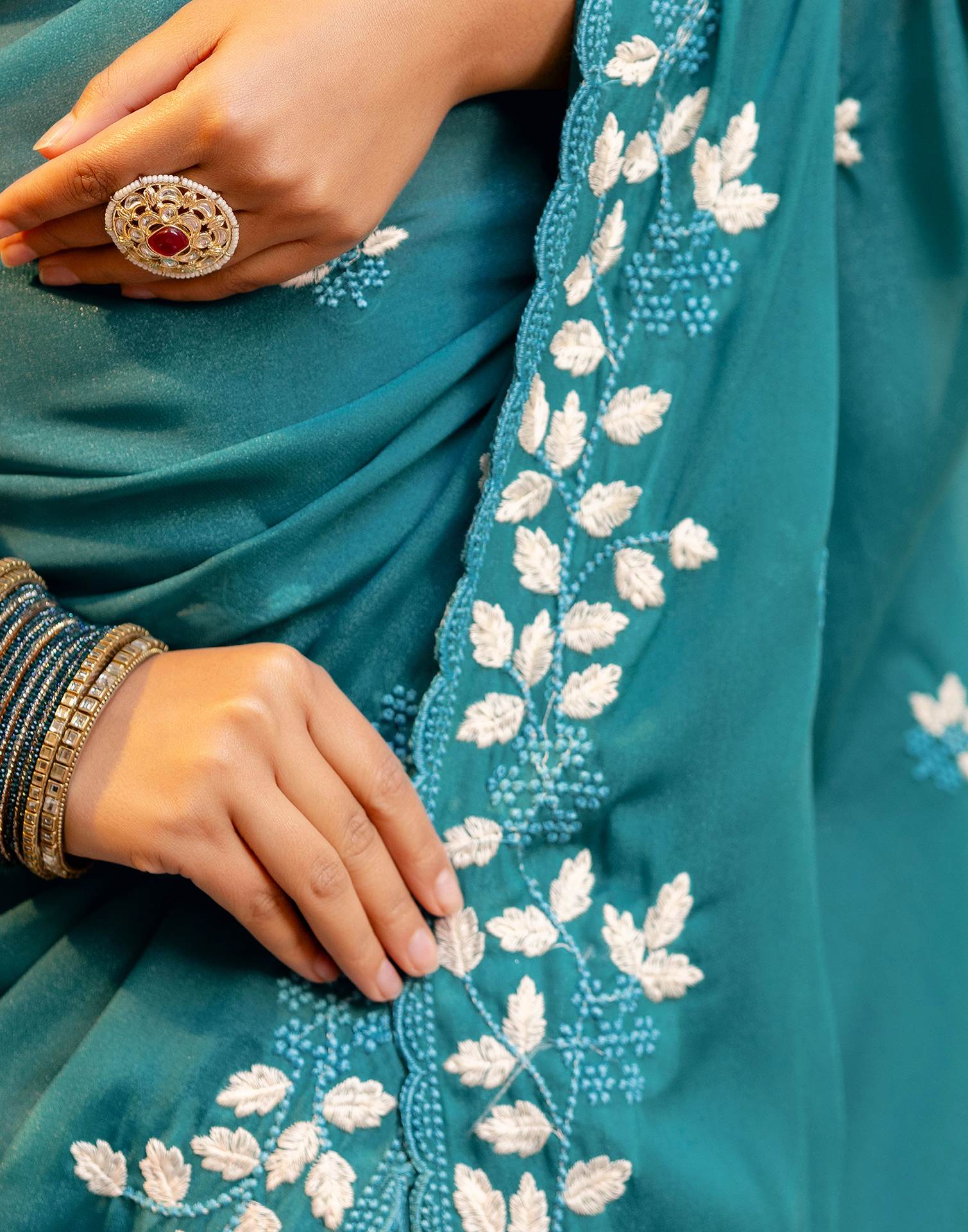 Dusty Teal Blue Shimmer Embroidery Saree - Image 10