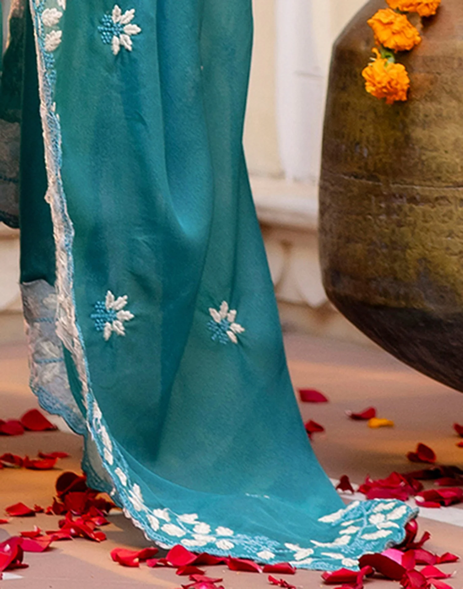 Dusty Teal Blue Shimmer Embroidery Saree - Image 11