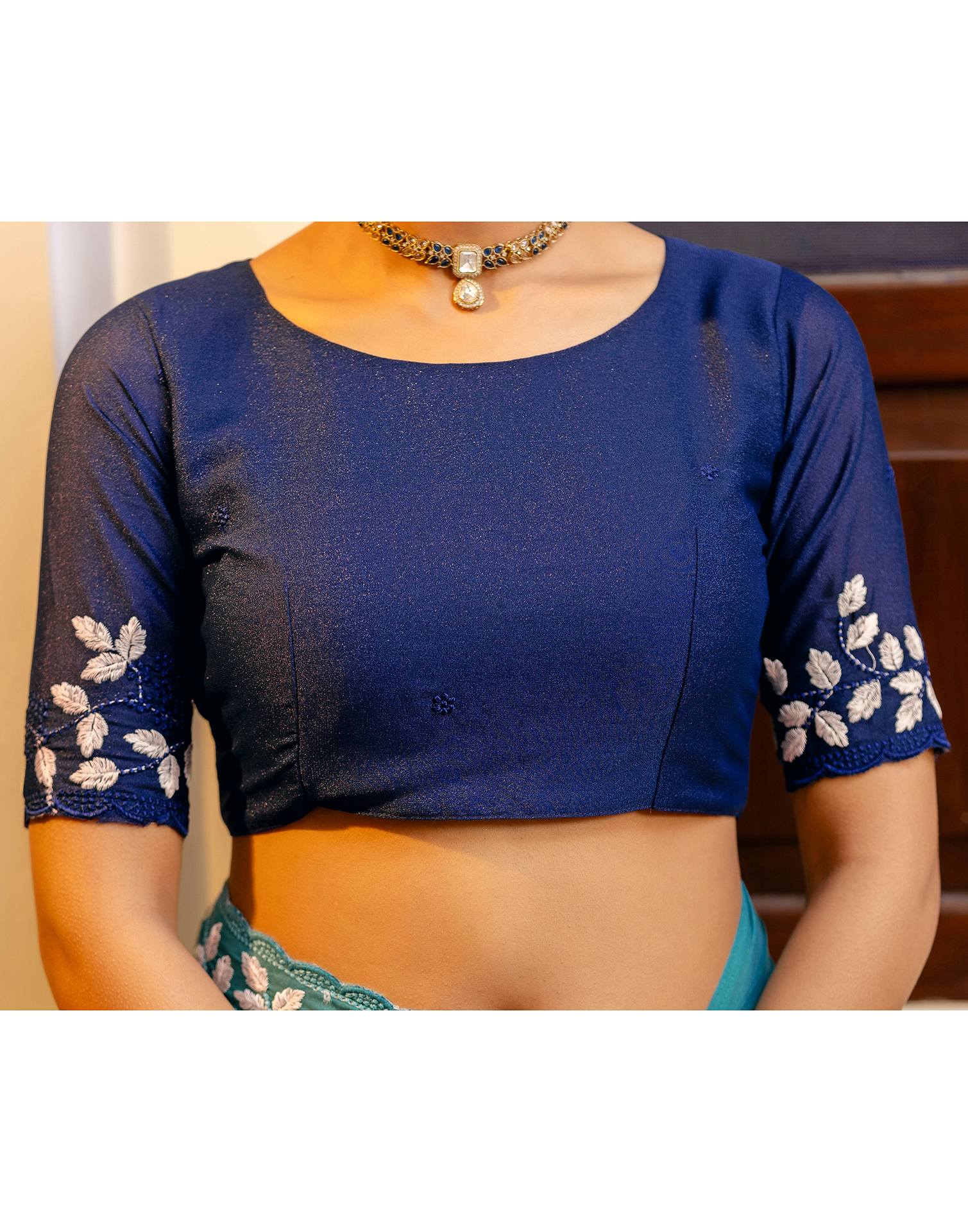 Dusty Teal Blue Shimmer Embroidery Saree - Image 12