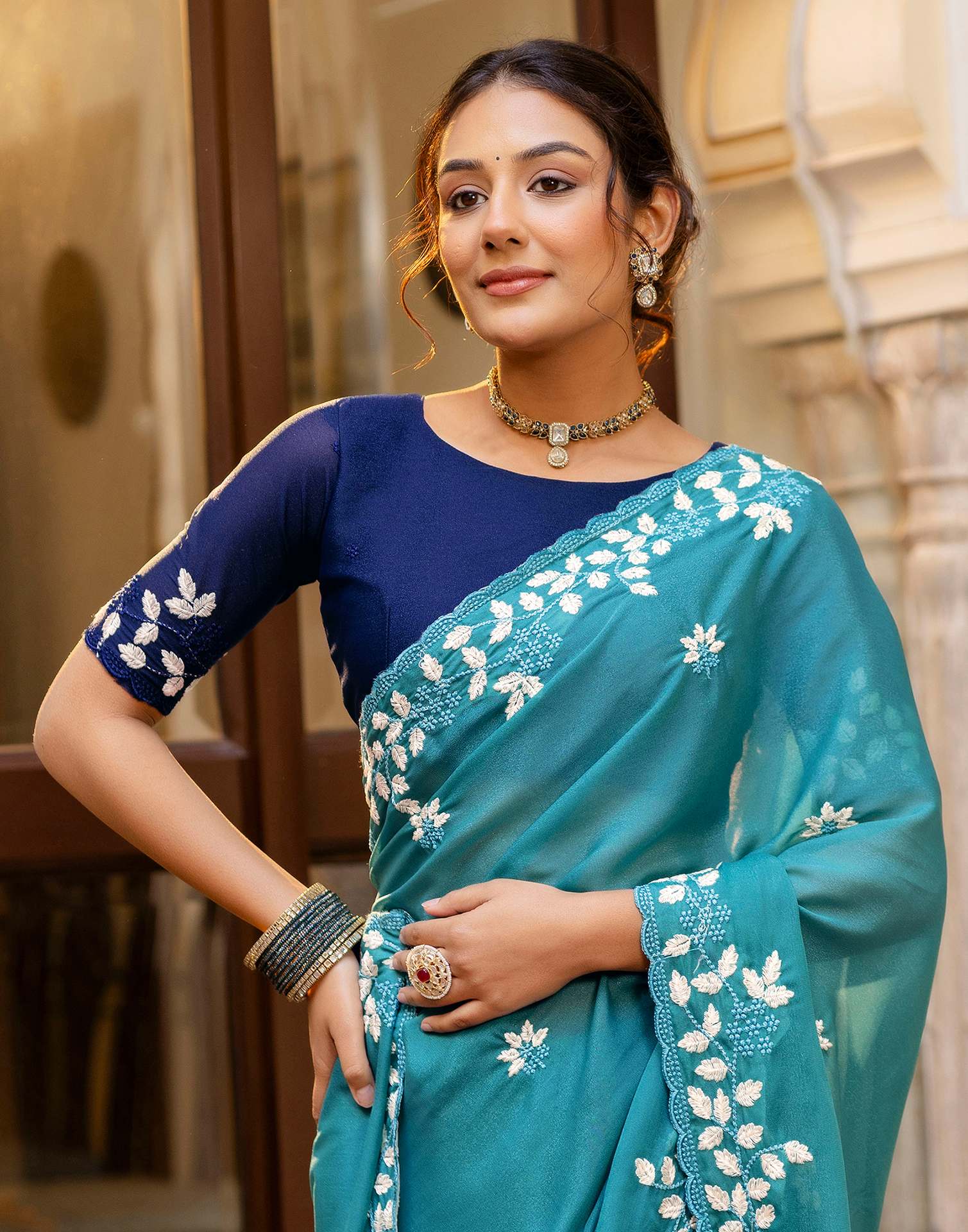 Dusty Teal Blue Shimmer Embroidery Saree - Image 2