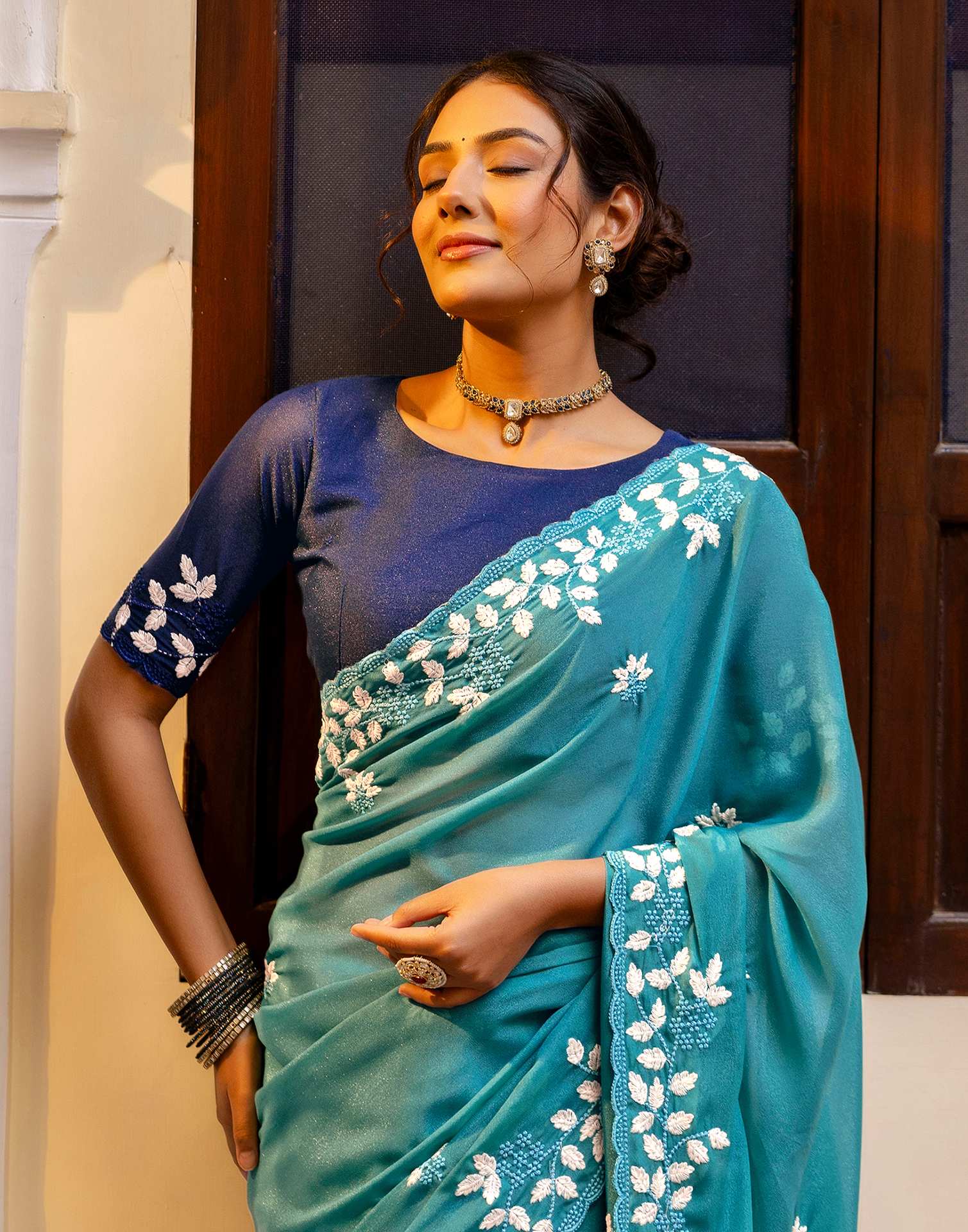 Dusty Teal Blue Shimmer Embroidery Saree - Image 4