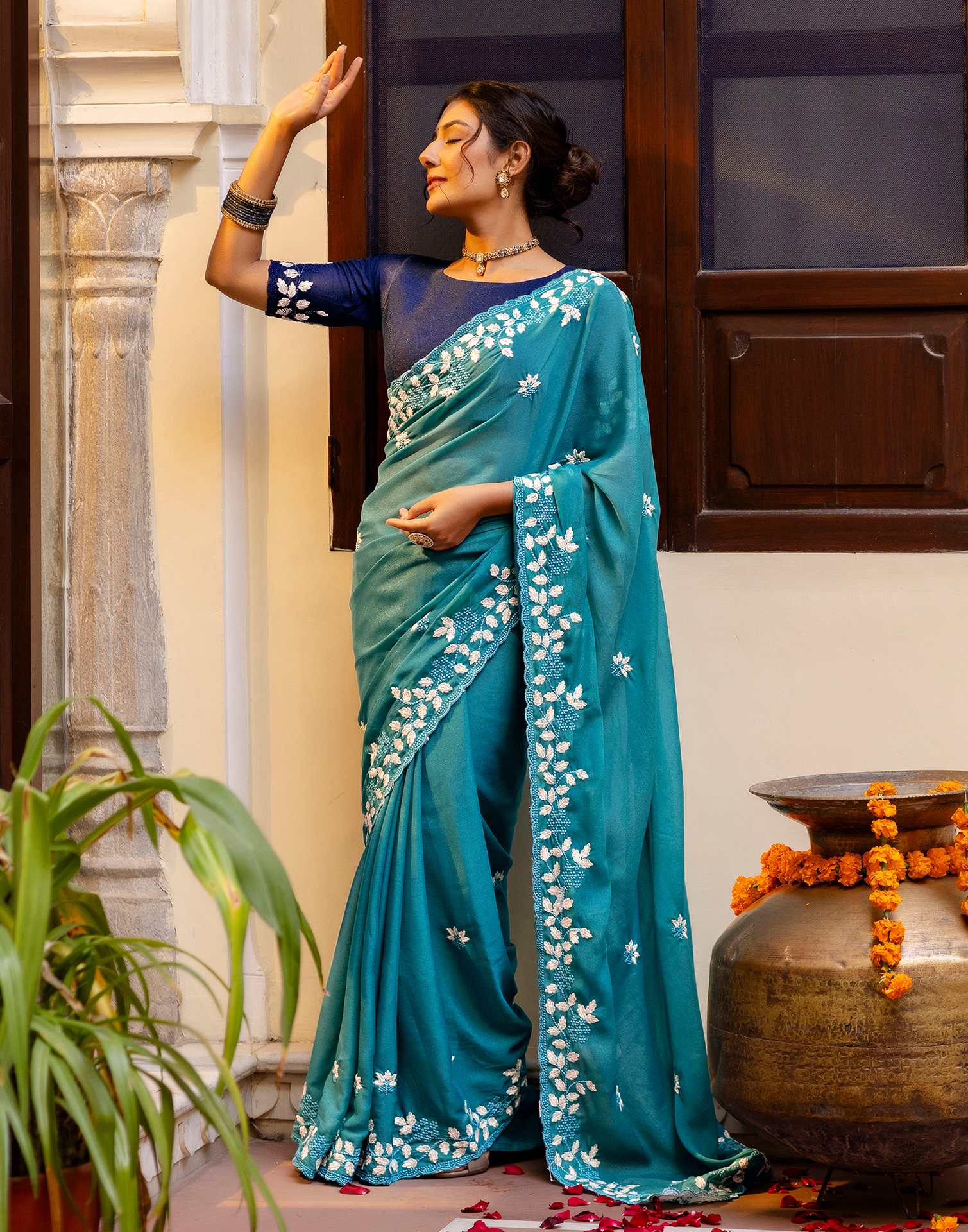 Dusty Teal Blue Shimmer Embroidery Saree - Image 8