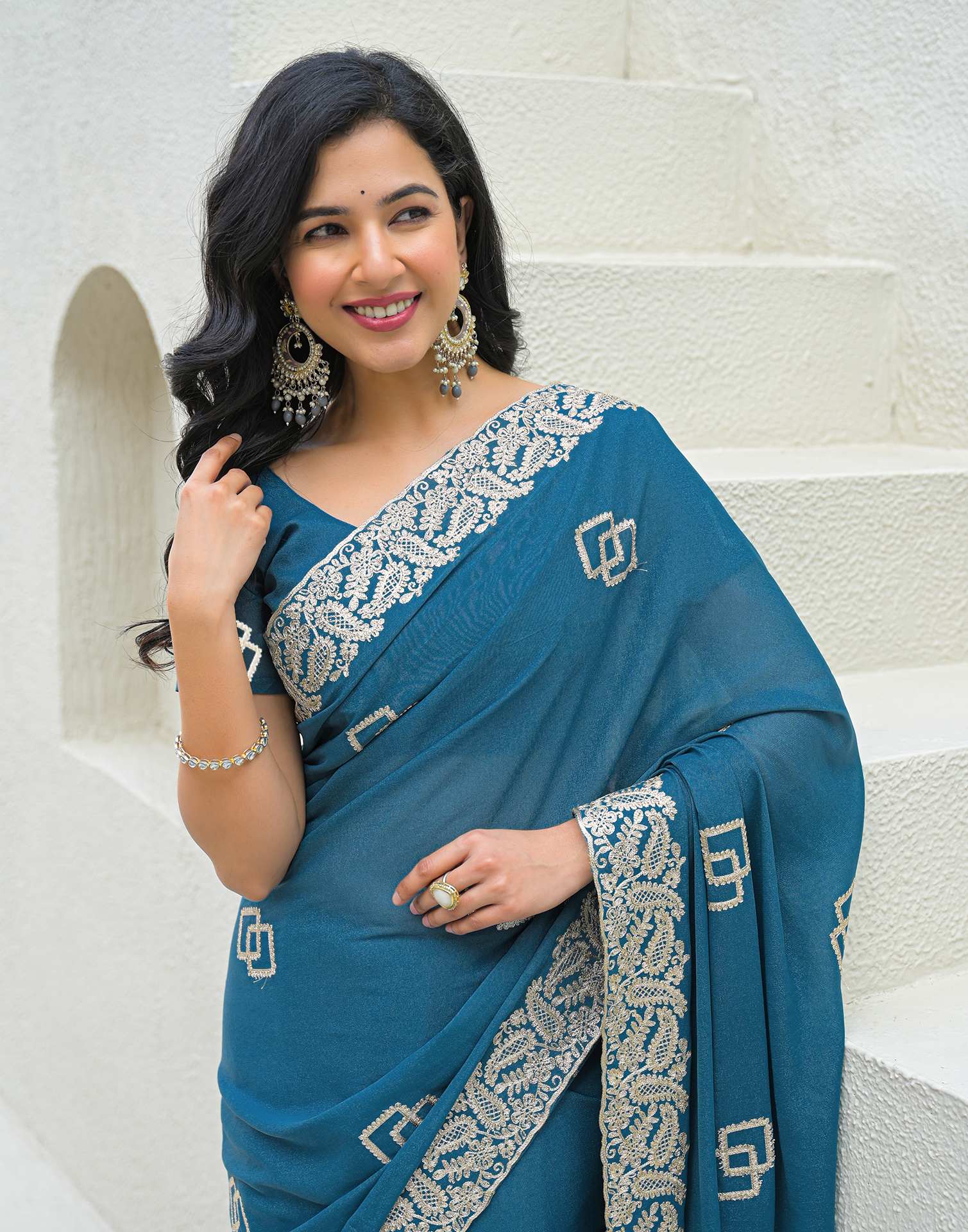 Dusty Teal Blue Shimmer Embroidery Saree - Image 2