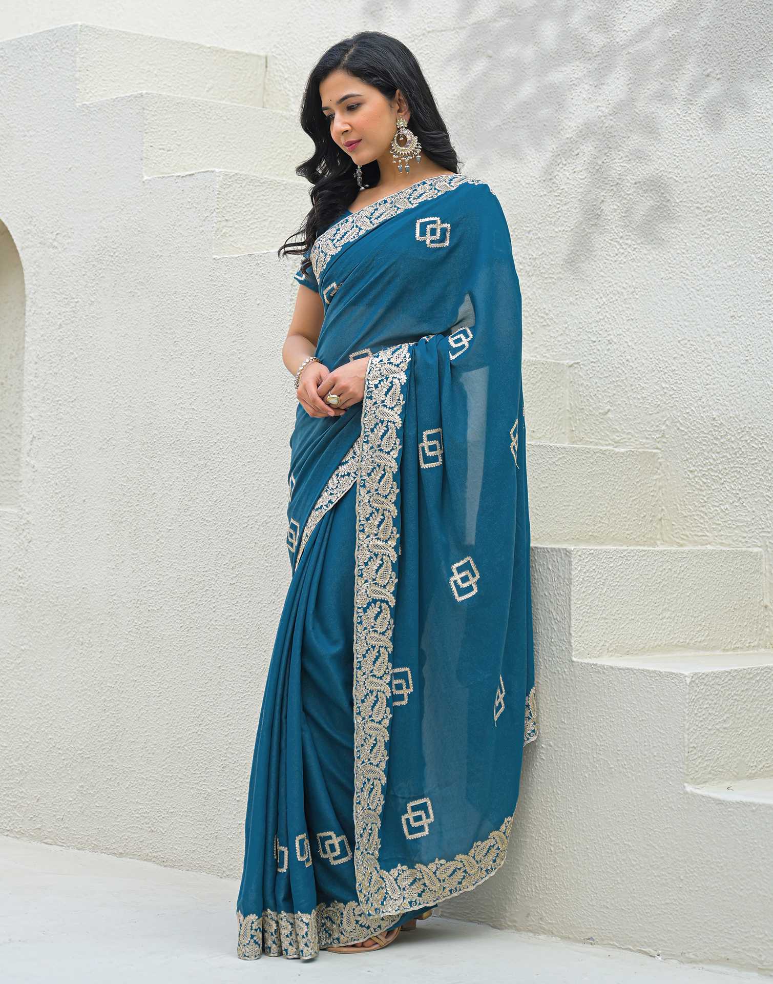 Dusty Teal Blue Shimmer Embroidery Saree - Image 4