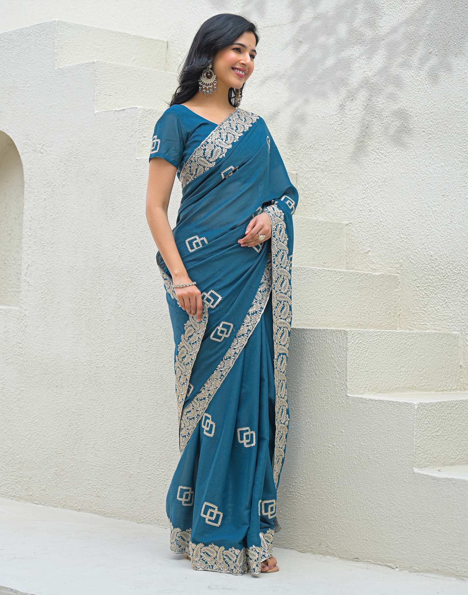 Dusty Teal Blue Shimmer Embroidery Saree - Image 5