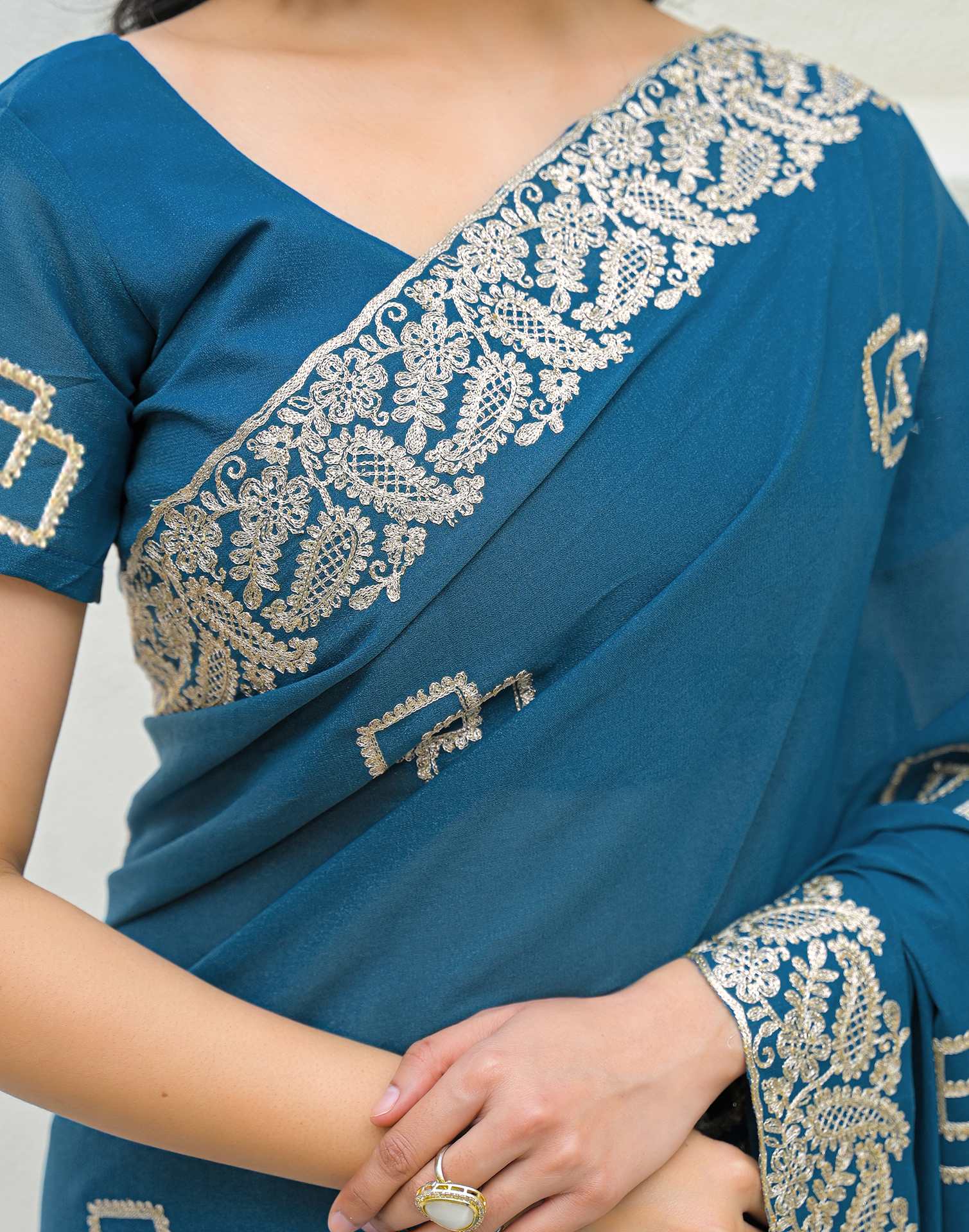 Dusty Teal Blue Shimmer Embroidery Saree - Image 8