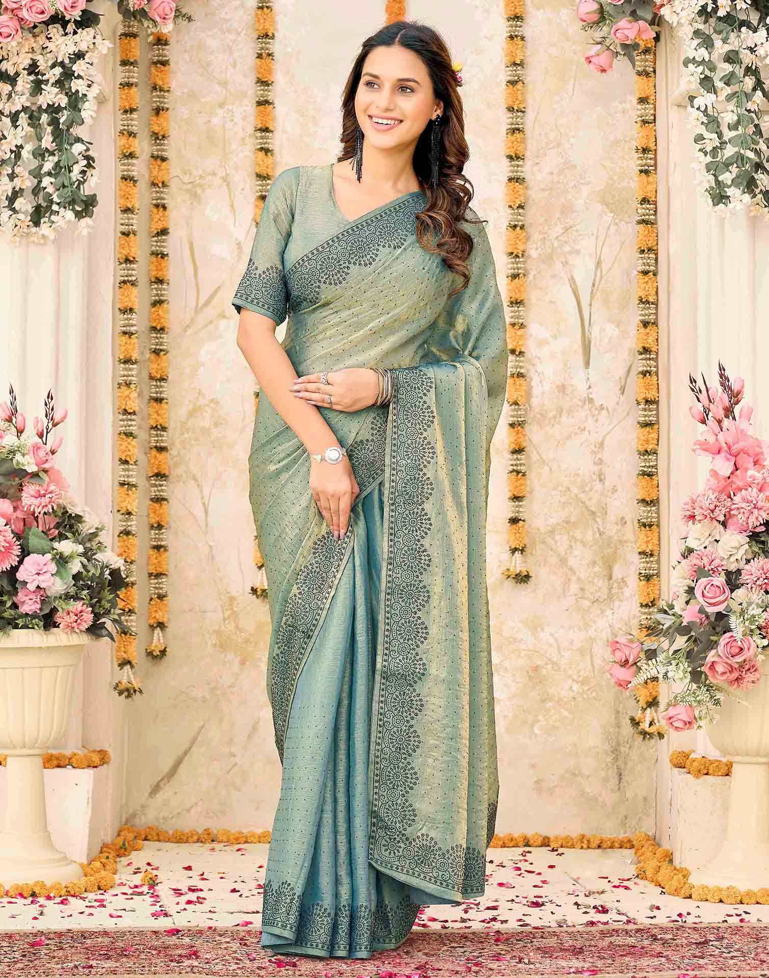 Dusty Teal Blue Shimmer Stone Work Swarovski Saree