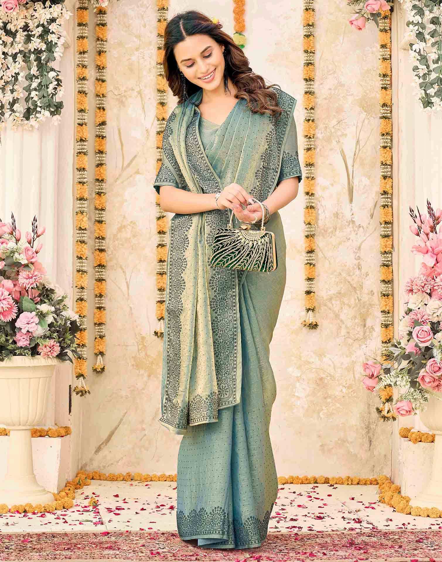 Dusty Teal Blue Shimmer Stone Work Swarovski Saree - Image 5