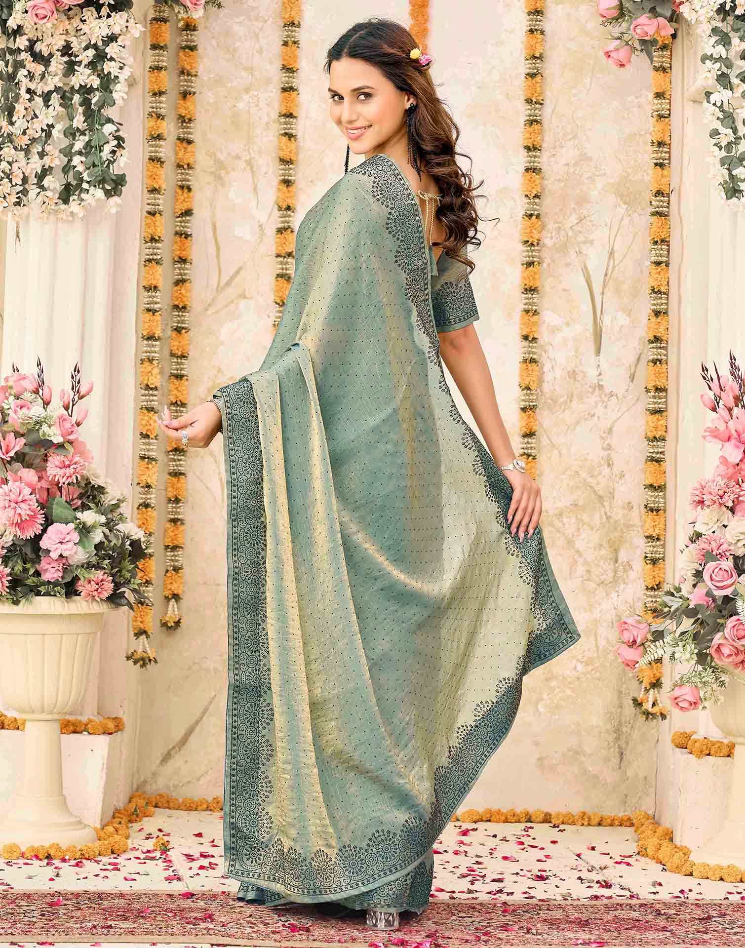Dusty Teal Blue Shimmer Stone Work Swarovski Saree - Image 6