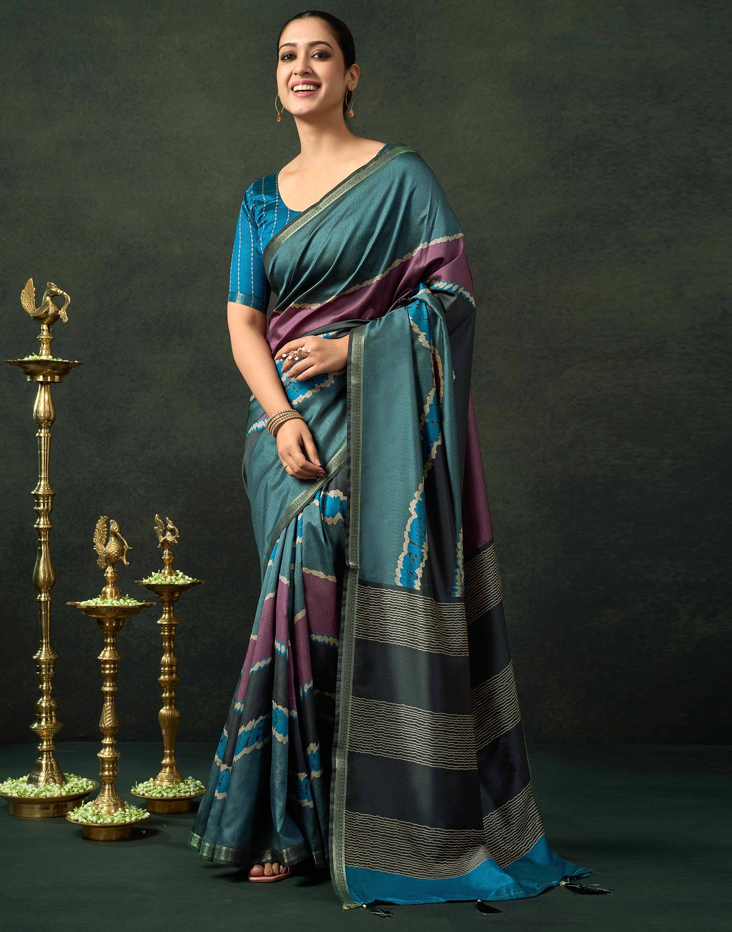 Dusty Teal Blue Silk Printed Saree - Image 6