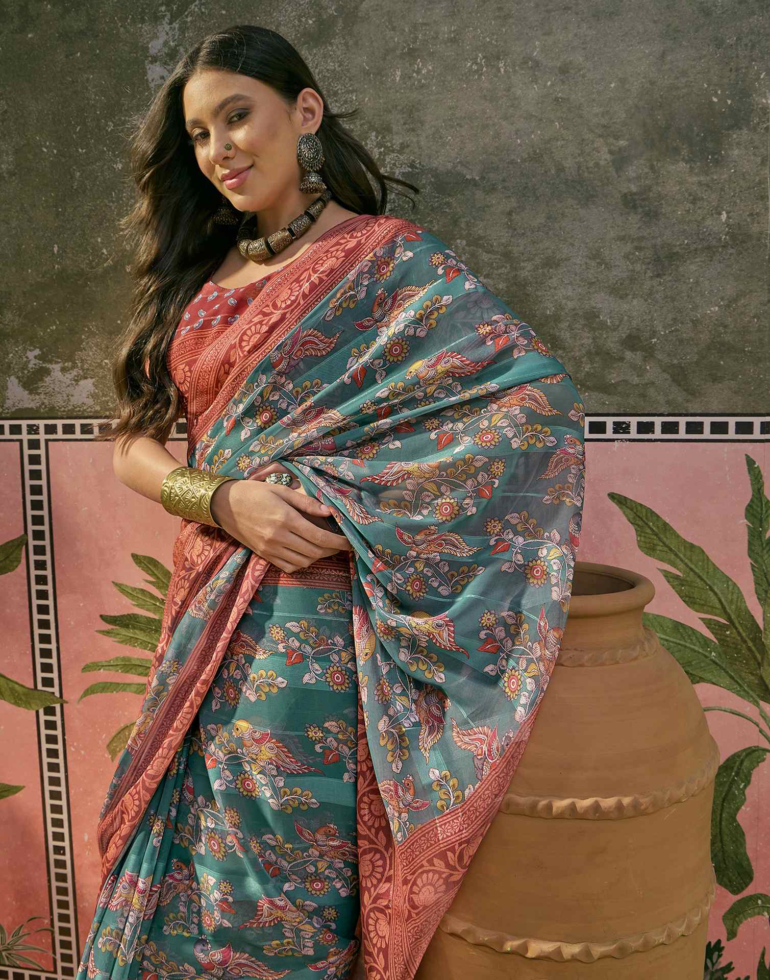 Dusty Teal Green Georgette Printed Saree - Image 4