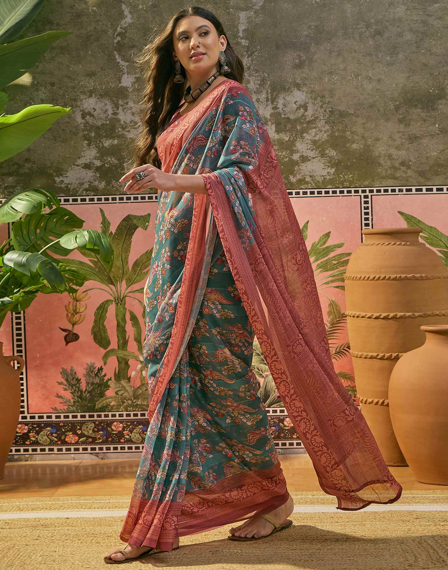 Dusty Teal Green Georgette Printed Saree - Image 5