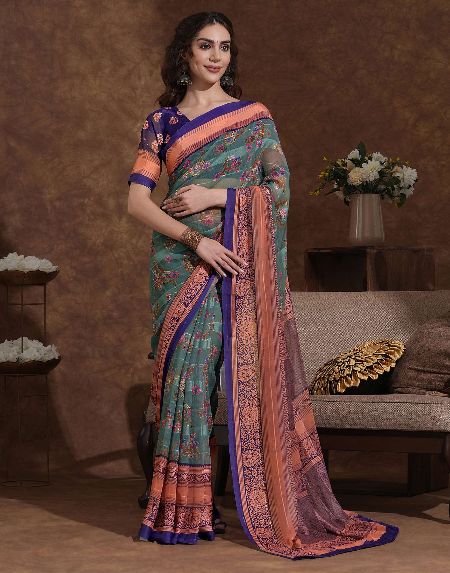 Dusty Teal Green Georgette Woven Printed Saree