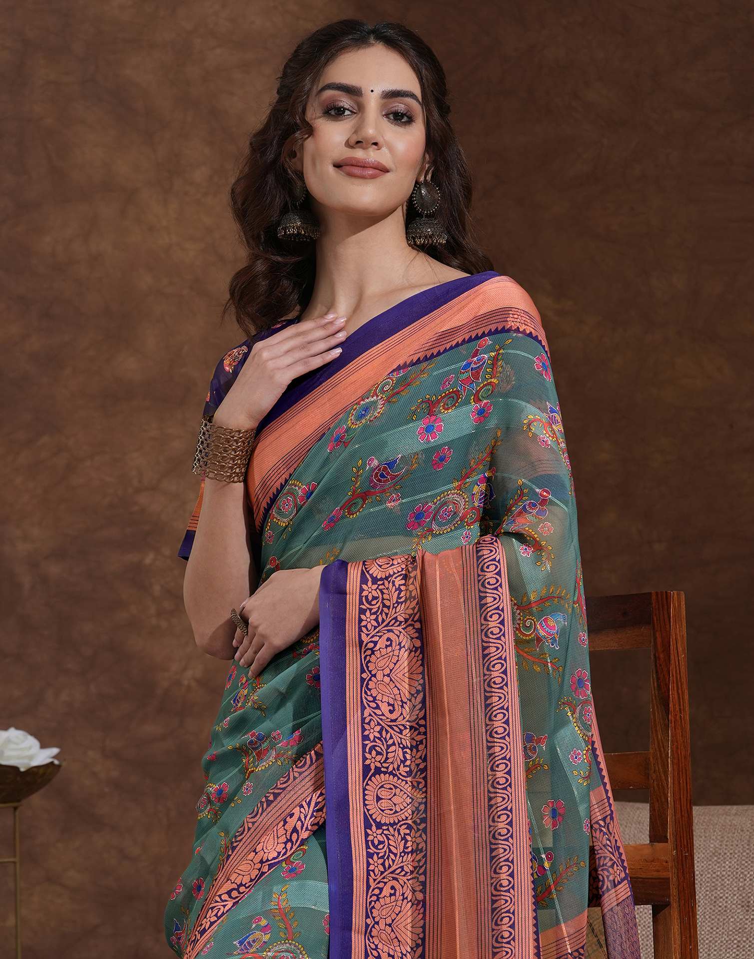 Dusty Teal Green Georgette Woven Printed Saree - Image 2