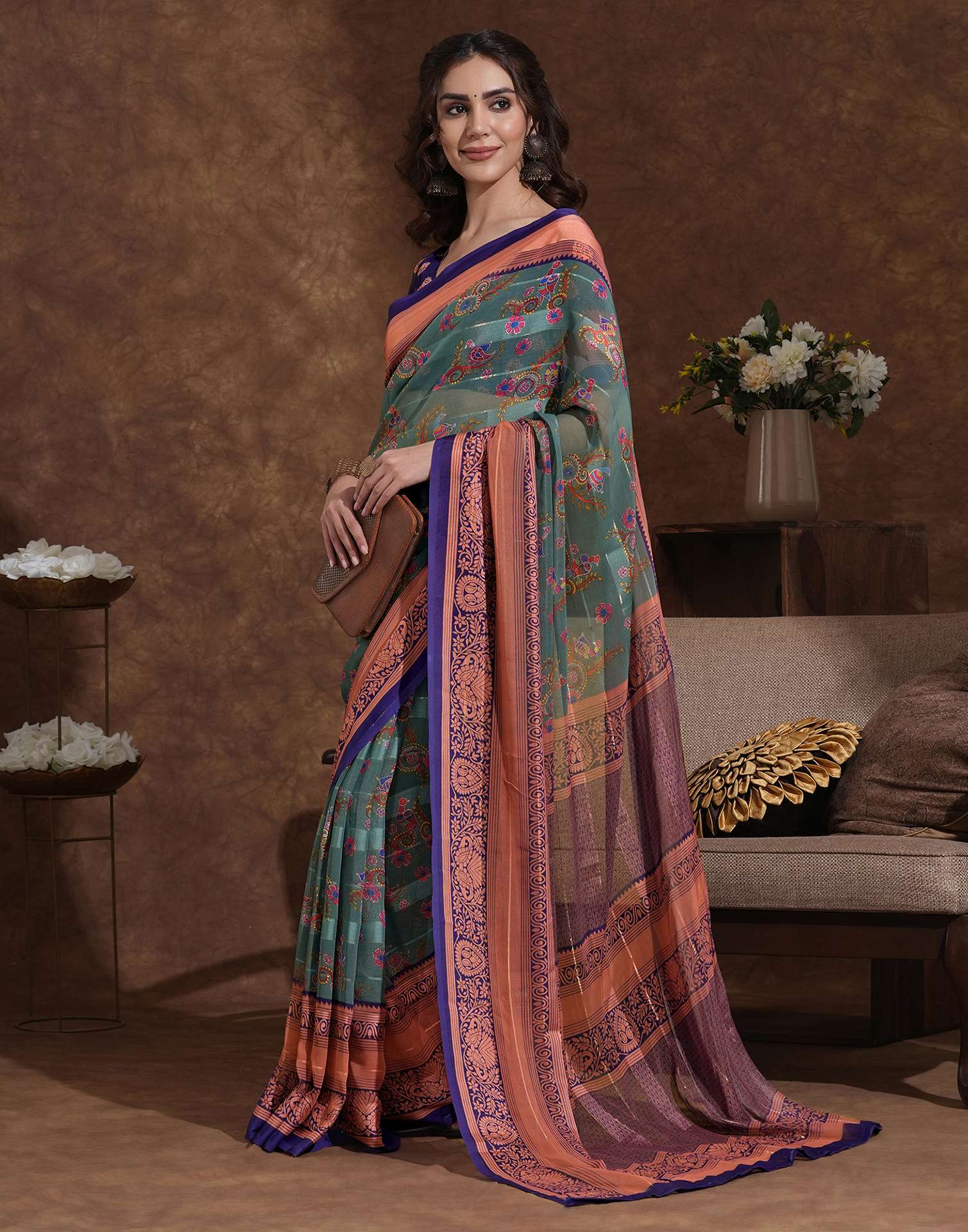 Dusty Teal Green Georgette Woven Printed Saree - Image 4